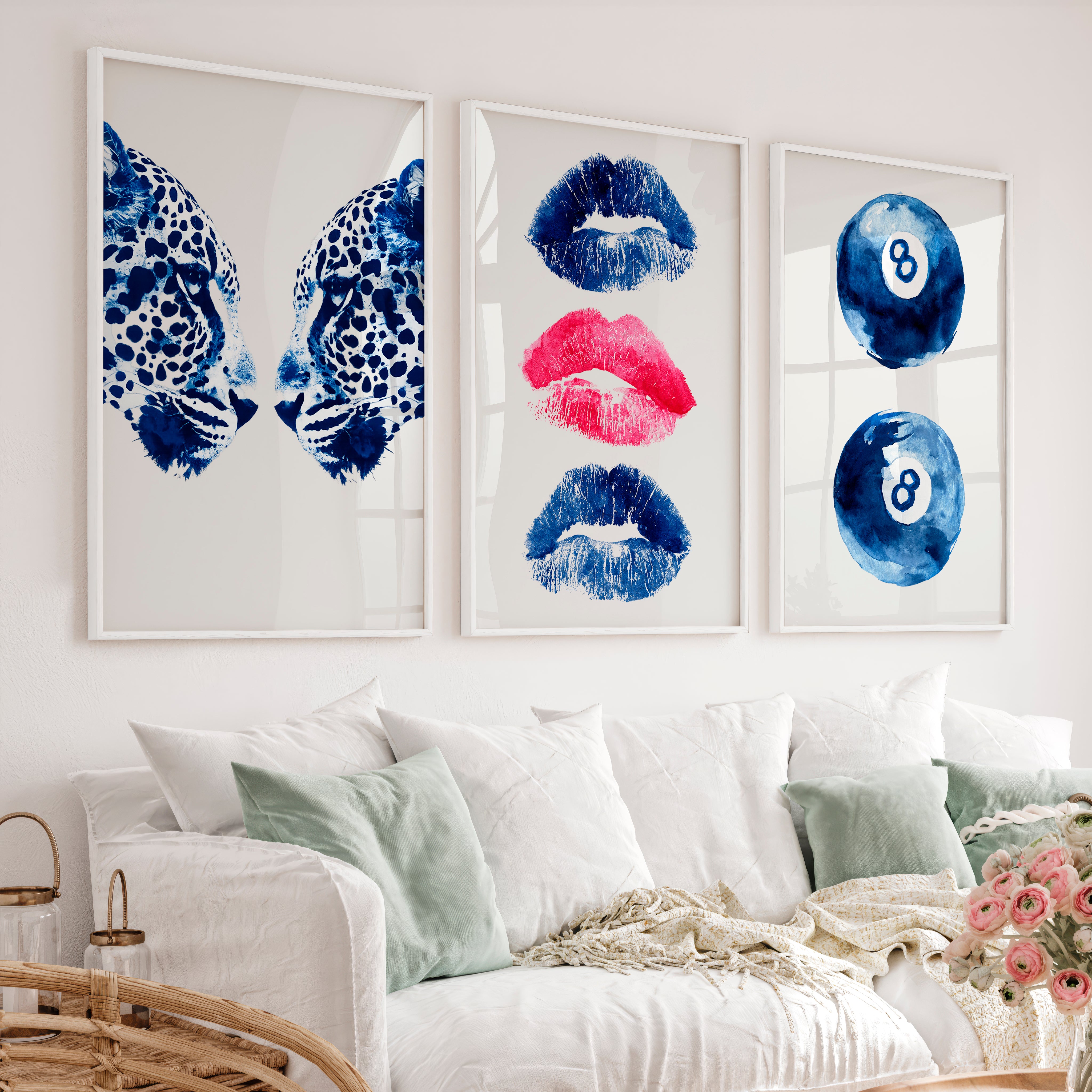 Blue Cheetah Retro Room Art - White Framed Poster No Border - Artworksets