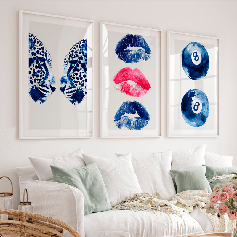Blue Cheetah Retro Room Art - White Framed Poster with White Border - Artworksets