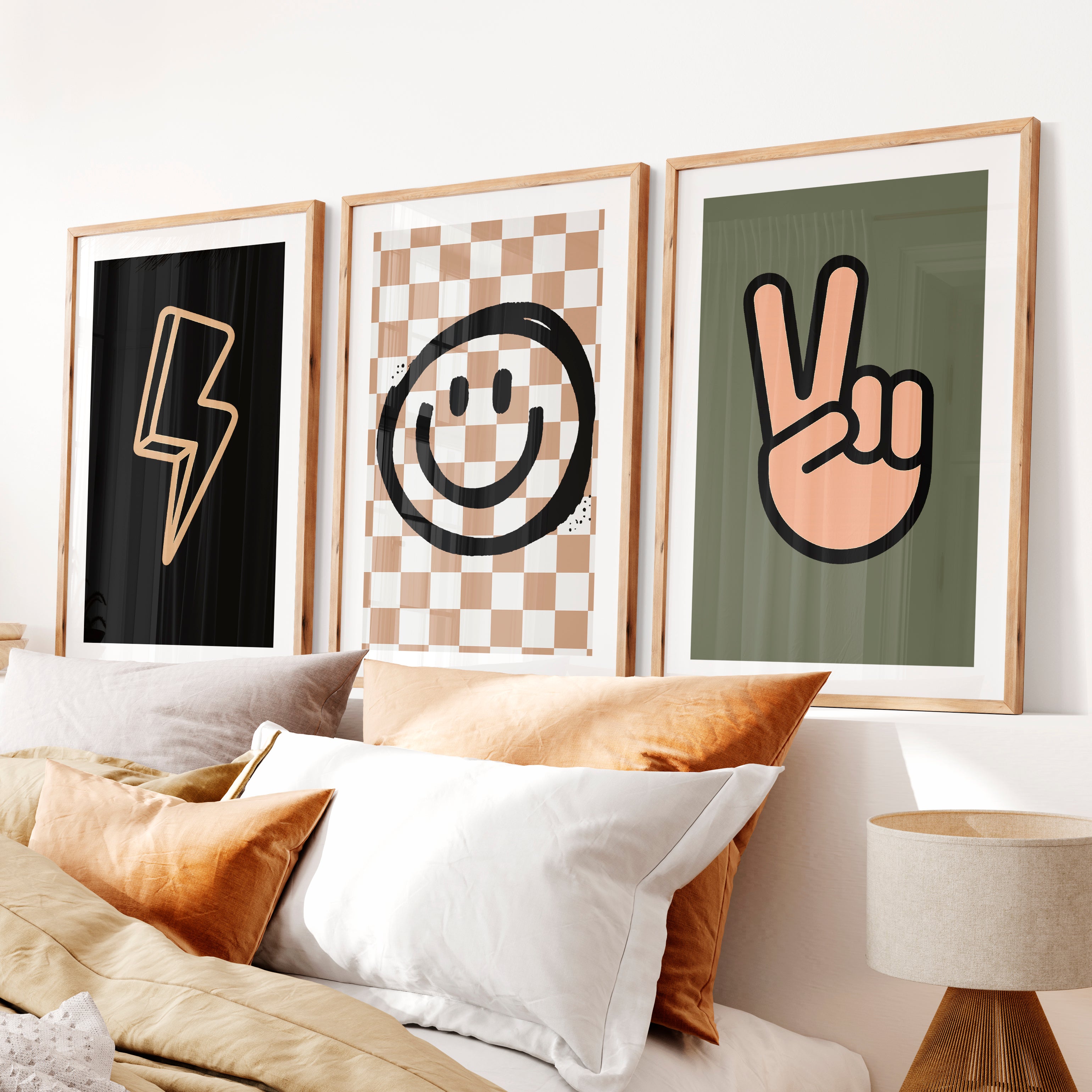 Smiley Peace Retro Room Posters- Natural Wood Framed Poster with White Border - Artworksets