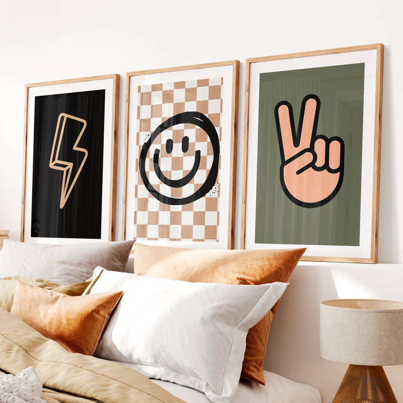 Smiley Peace Retro Room Posters- Natural Wood Framed Poster with White Border - Artworksets
