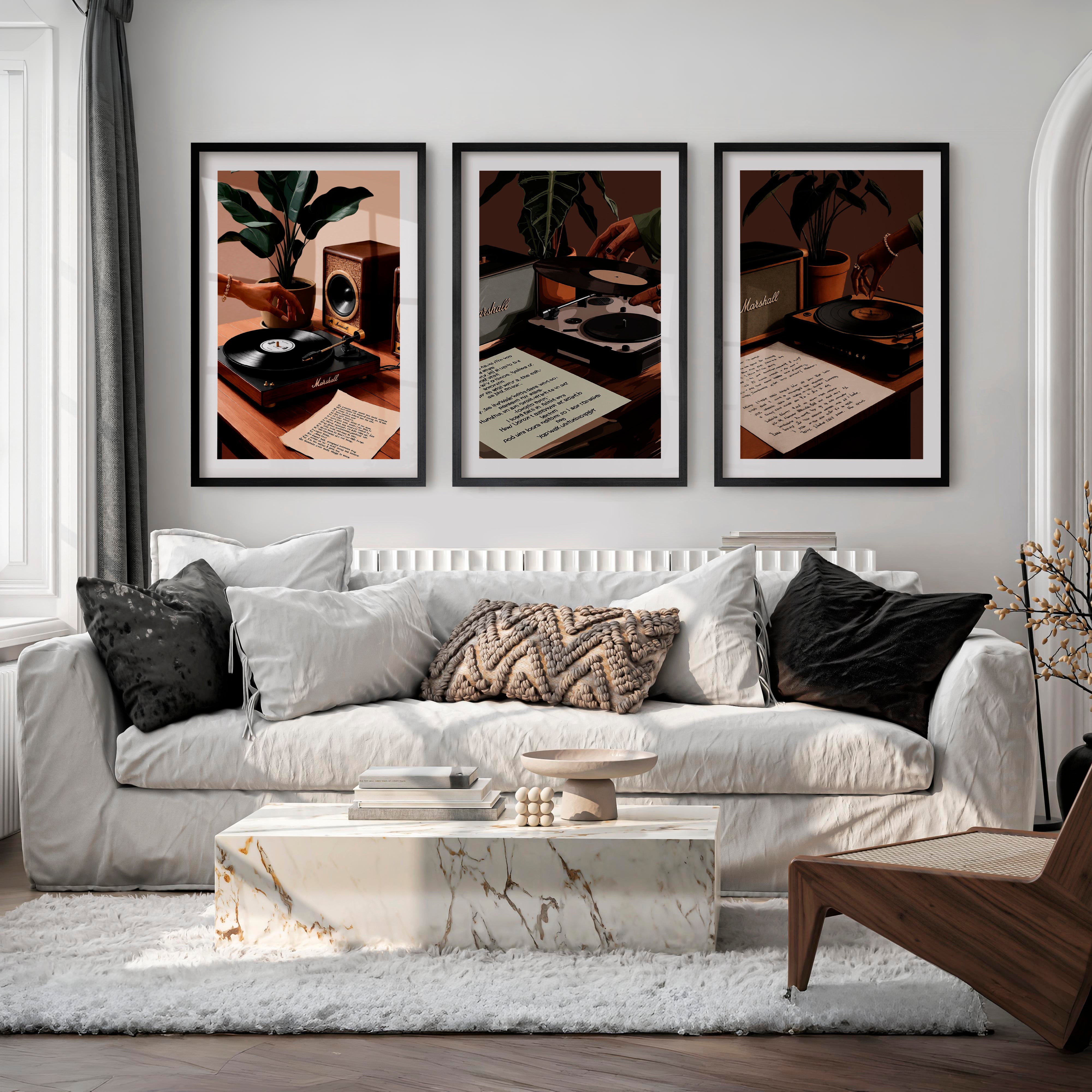 Turntable and Speaker Retro Room Posters - Black Framed Poster with White Border - Artworksets