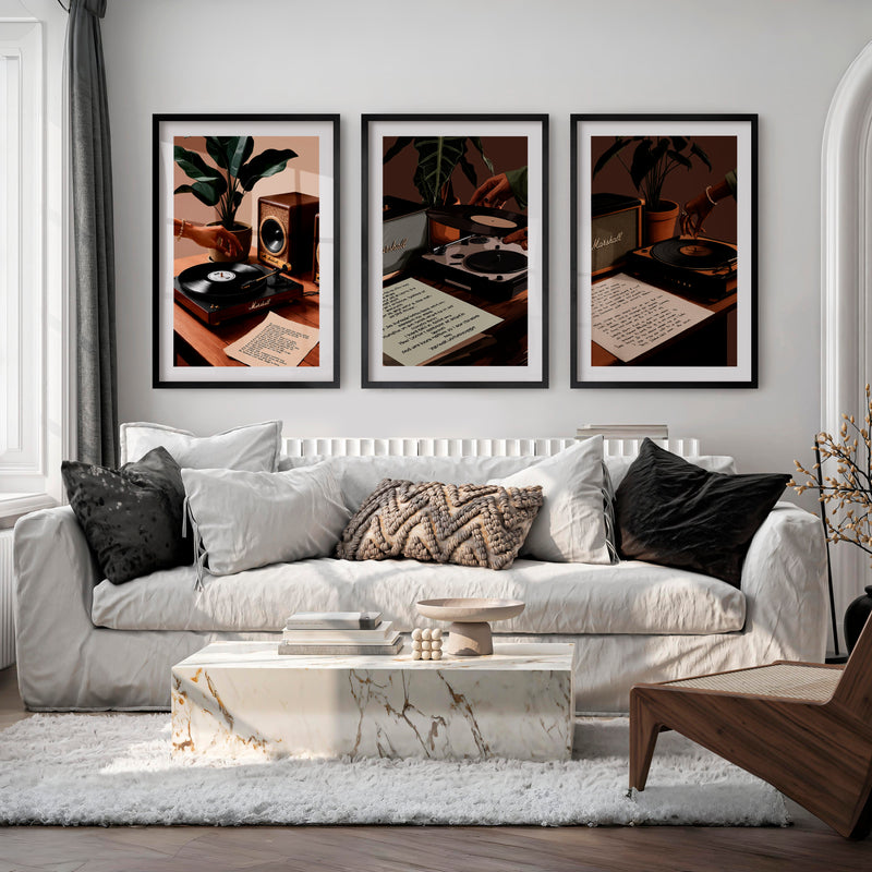 Turntable and Speaker Retro Room Posters - Black Framed Poster with White Border - Artworksets