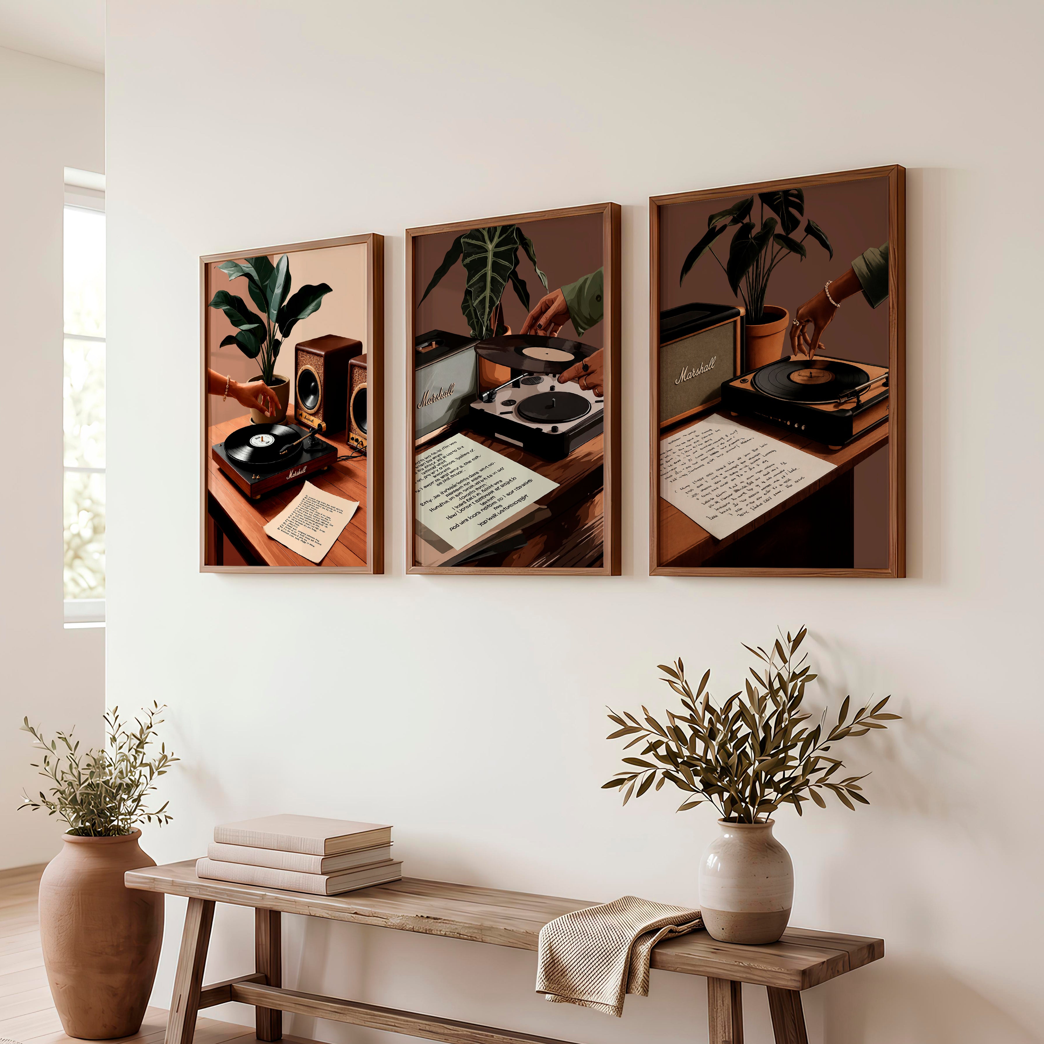Turntable and Speaker Retro Room Posters - Dark Brown Framed Poster No Border - Artworksets