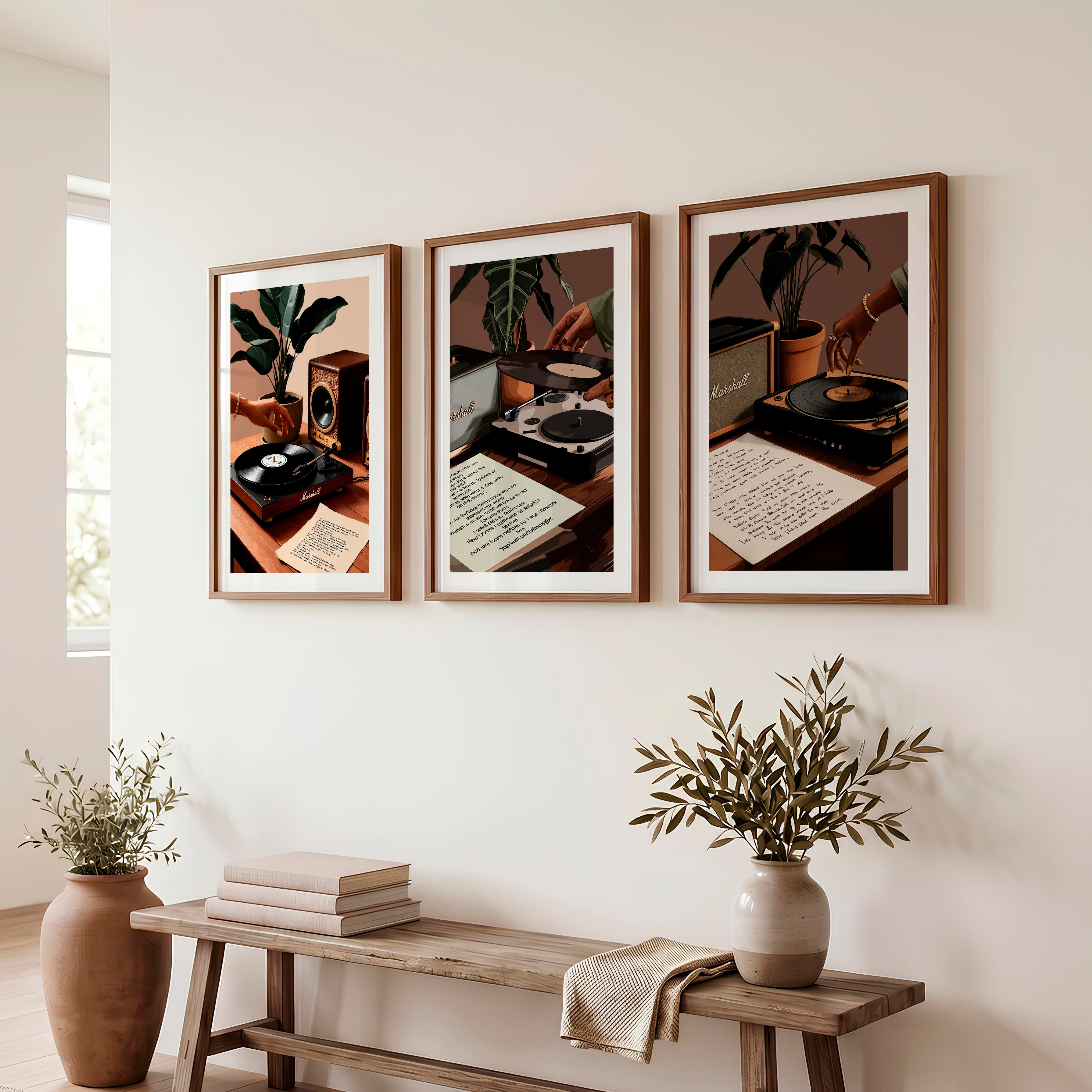 Turntable and Speaker Retro Room Posters - Dark Brown Framed Poster with White Border - Artworksets