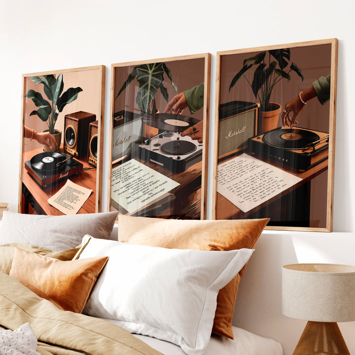 Turntable and Speaker Retro Room Posters - Natural Wood Framed Poster No Border - Artworksets