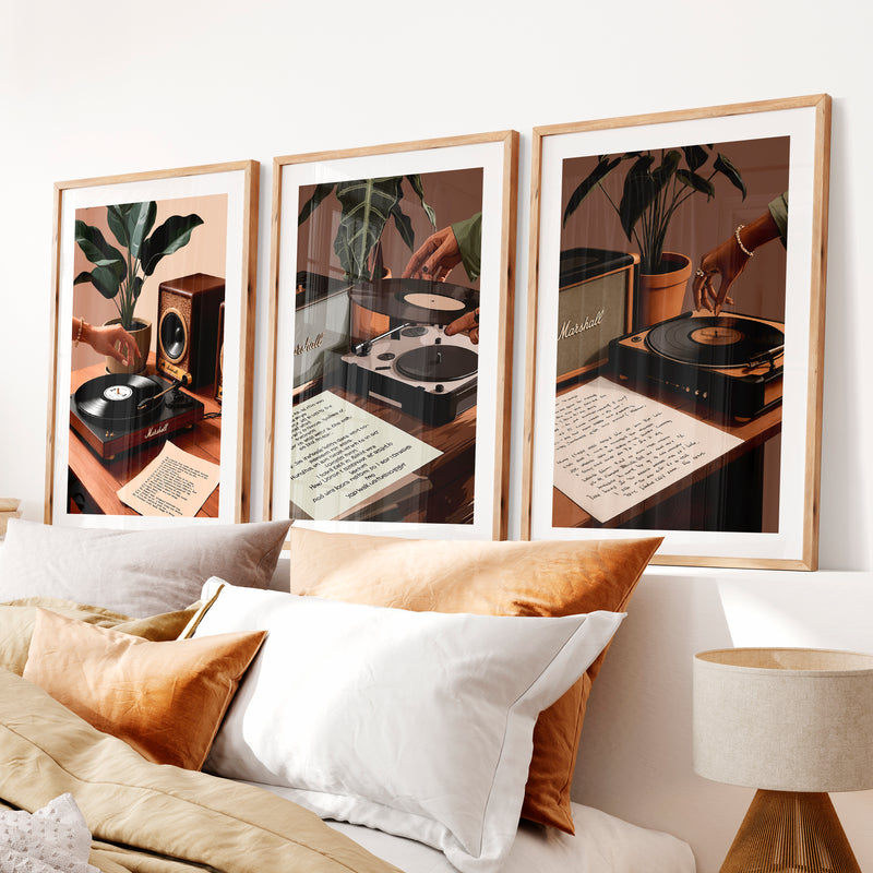 Turntable and Speaker Retro Room Posters- Natural Wood Framed Poster with White Border - Artworksets
