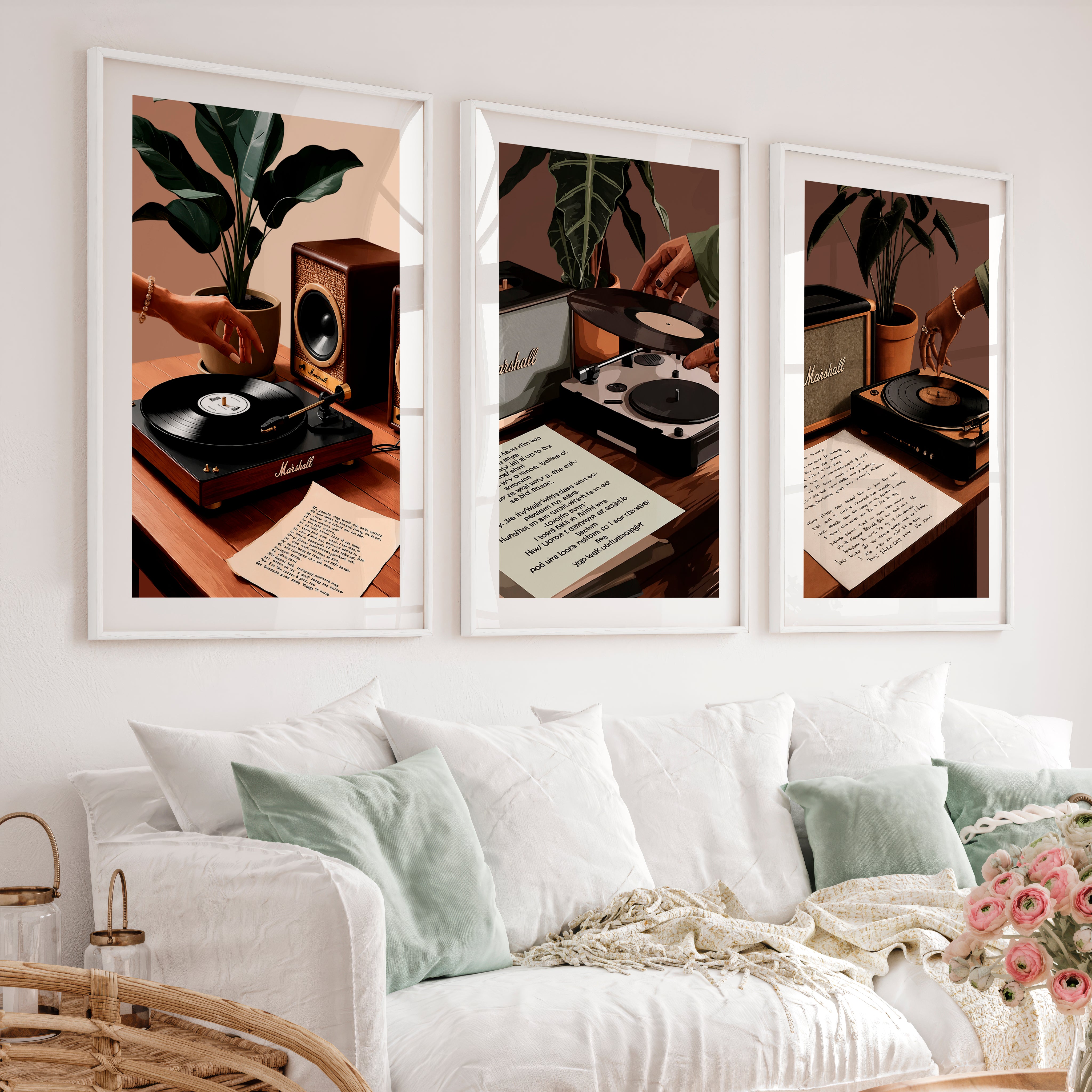 Turntable and Speaker Retro Room Posters - White Framed Poster with White Border - Artworksets