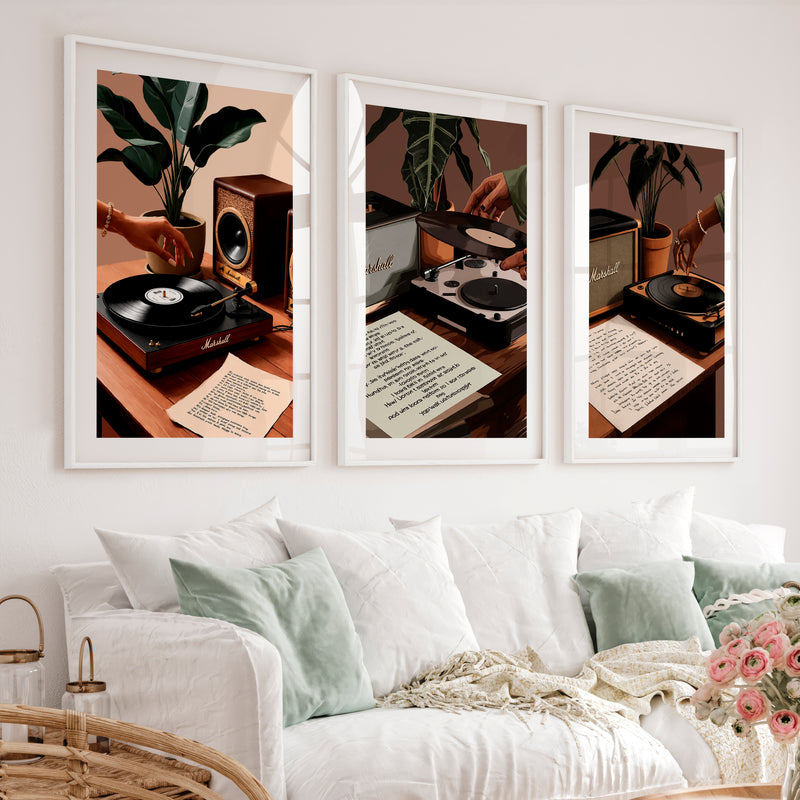 Turntable and Speaker Retro Room Posters - White Framed Poster with White Border - Artworksets
