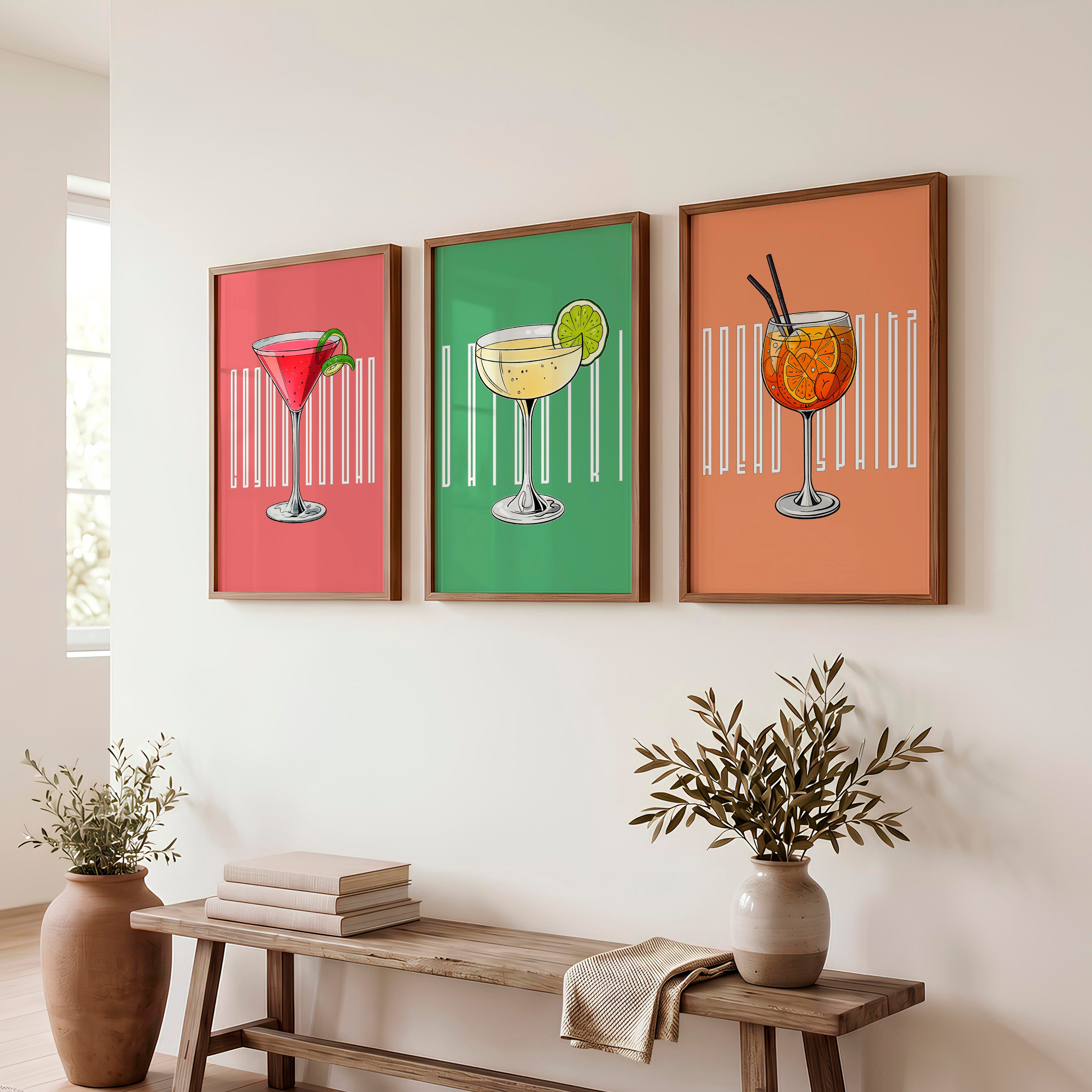 Cocktail Glasses Retro Style Artwork - Dark Brown Framed Poster No Border - Artworksets