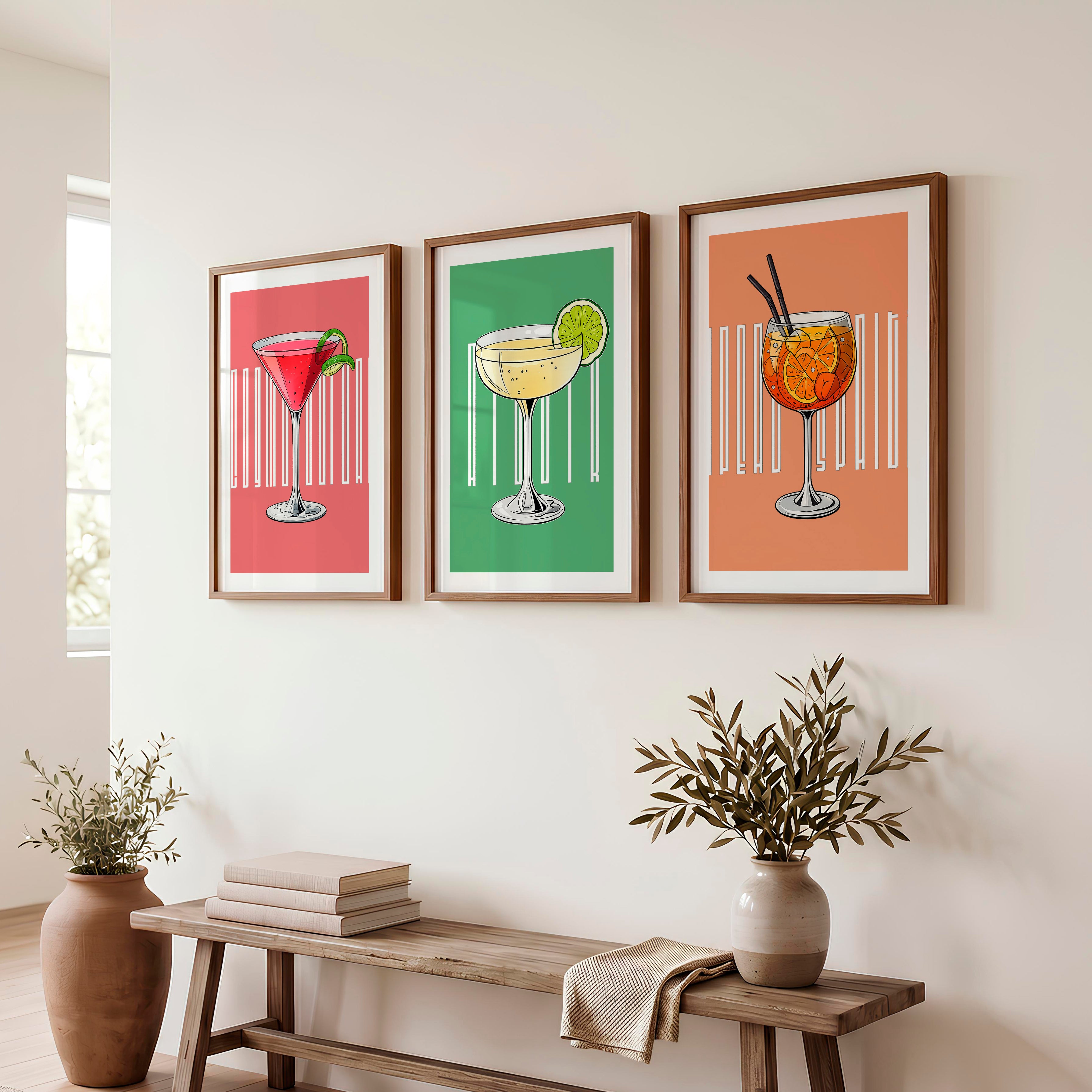 Cocktail Glasses Retro Style Artwork - Dark Brown Framed Poster with White Border - Artworksets