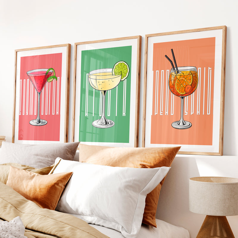 Cocktail Glasses Retro Style Artwork- Natural Wood Framed Poster with White Border - Artworksets