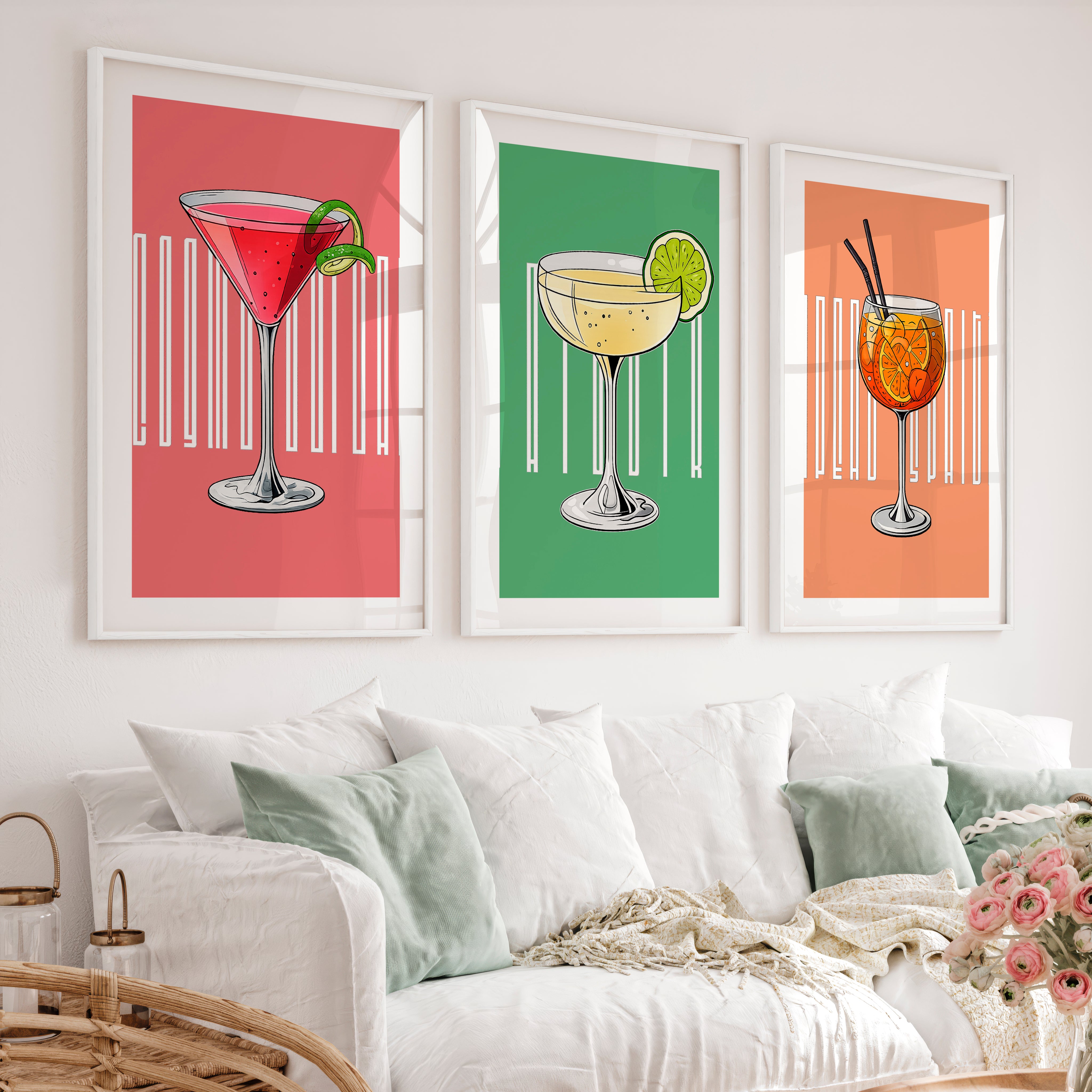 Cocktail Glasses Retro Style Artwork - White Framed Poster with White Border - Artworksets
