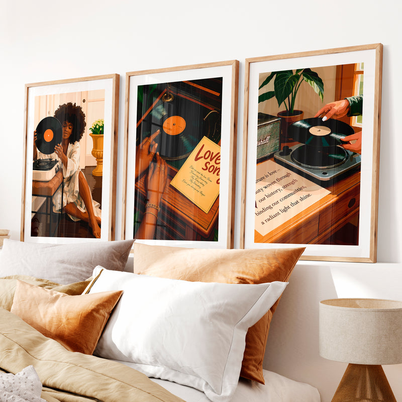 Record Player retro style artwork- Natural Wood Framed Poster with White Border - Artworksets