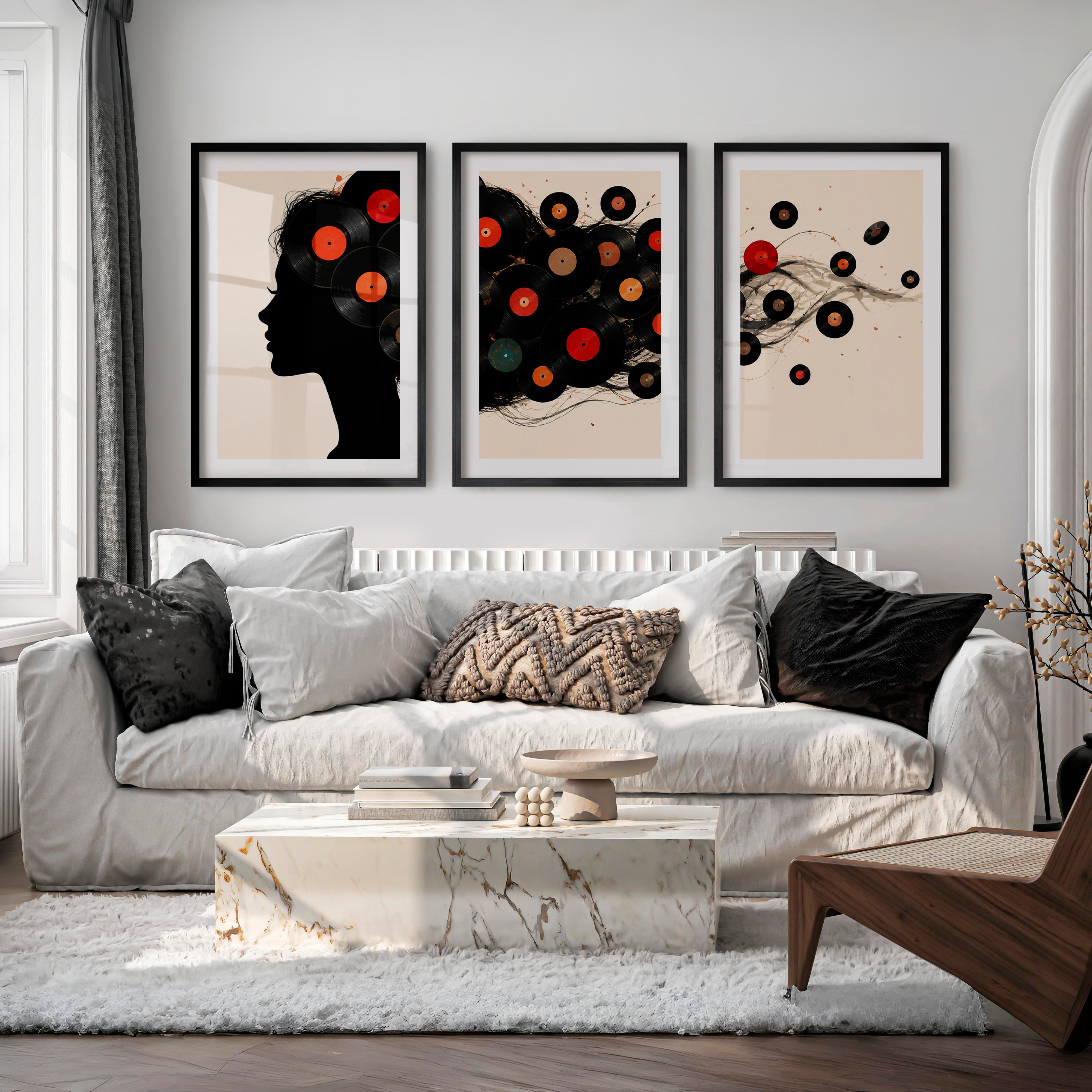 Vinyl Record Silhouette Retro Style Artwork - Black Framed Poster with White Border - Artworksets