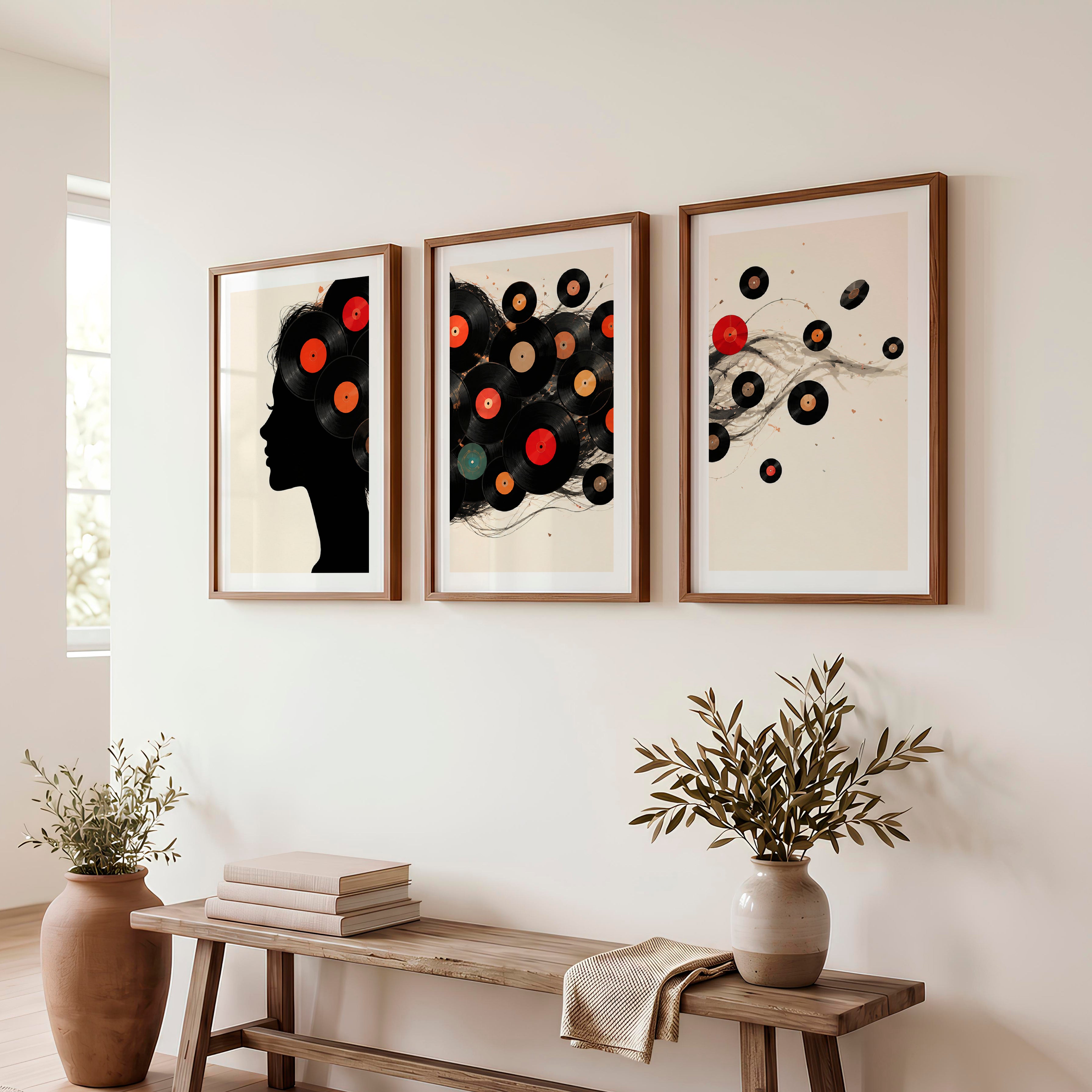 Vinyl Record Silhouette Retro Style Artwork - Dark Brown Framed Poster with White Border - Artworksets