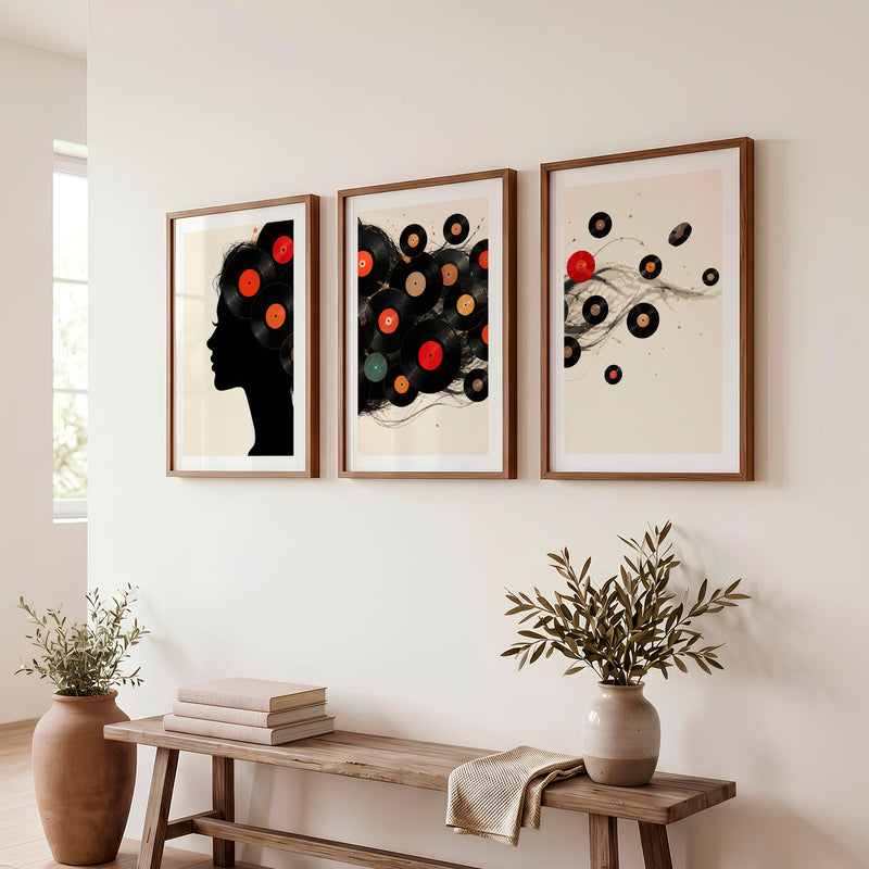 Vinyl Record Silhouette Retro Style Artwork - Dark Brown Framed Poster with White Border - Artworksets
