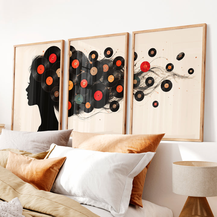 Vinyl Record Silhouette Retro Style Artwork - Natural Wood Framed Poster No Border - Artworksets