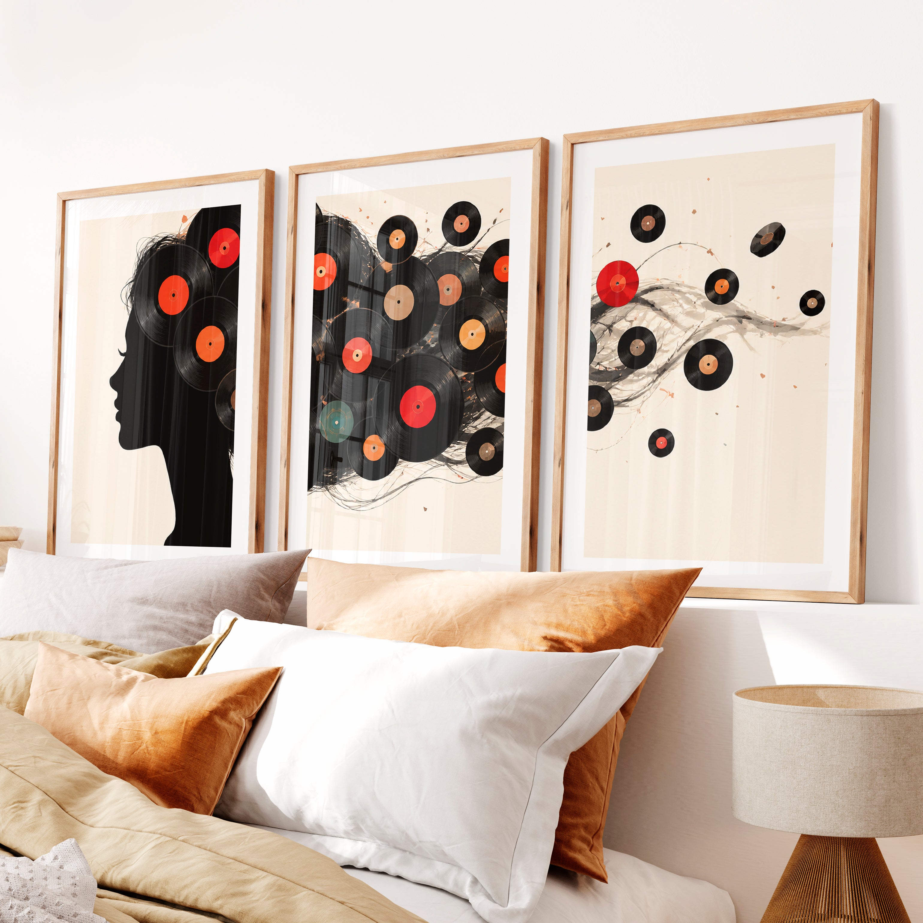 Vinyl Record Silhouette Retro Style Artwork- Natural Wood Framed Poster with White Border - Artworksets