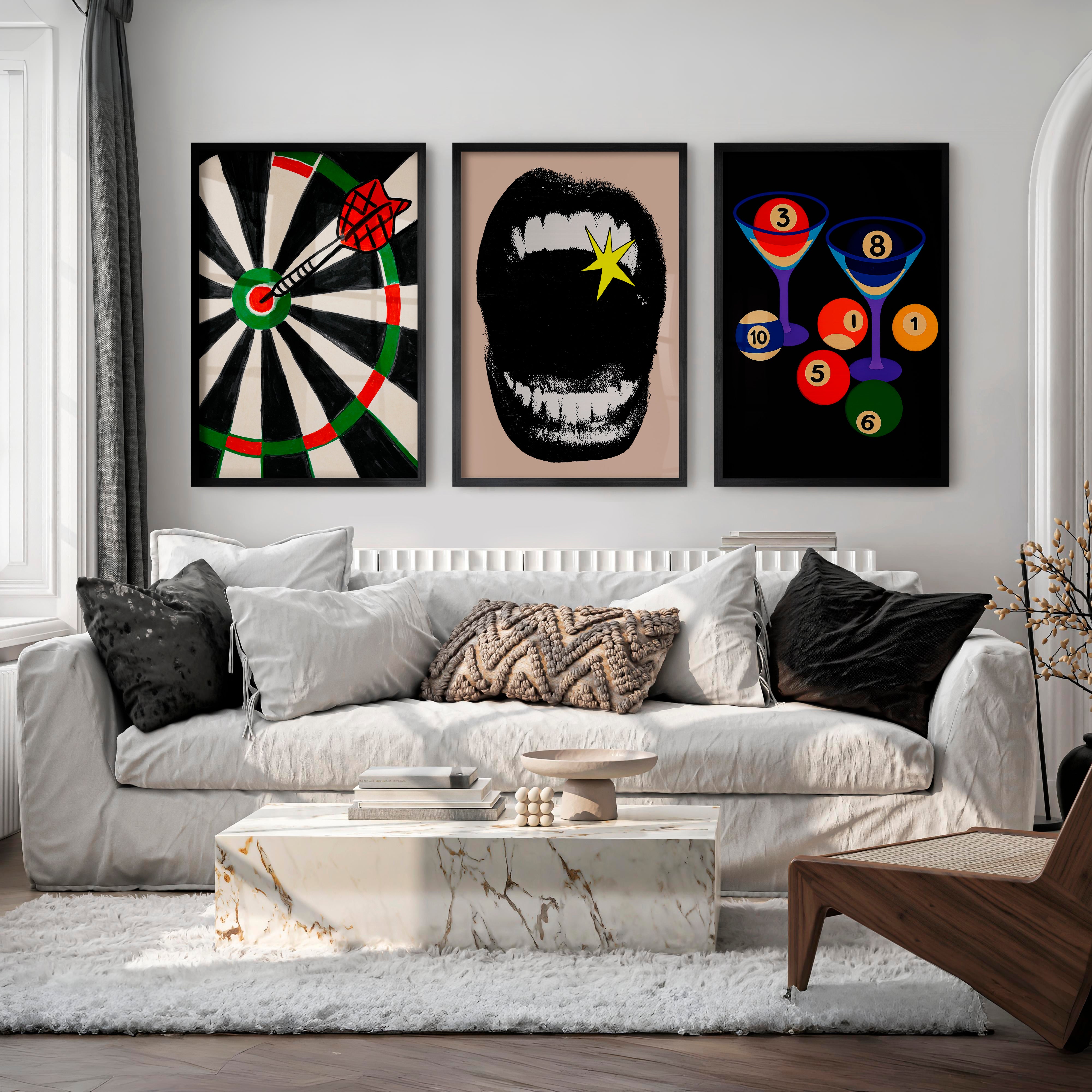 Dartboard and Pool Balls retro style prints - Black Framed Poster No Border - Artworksets