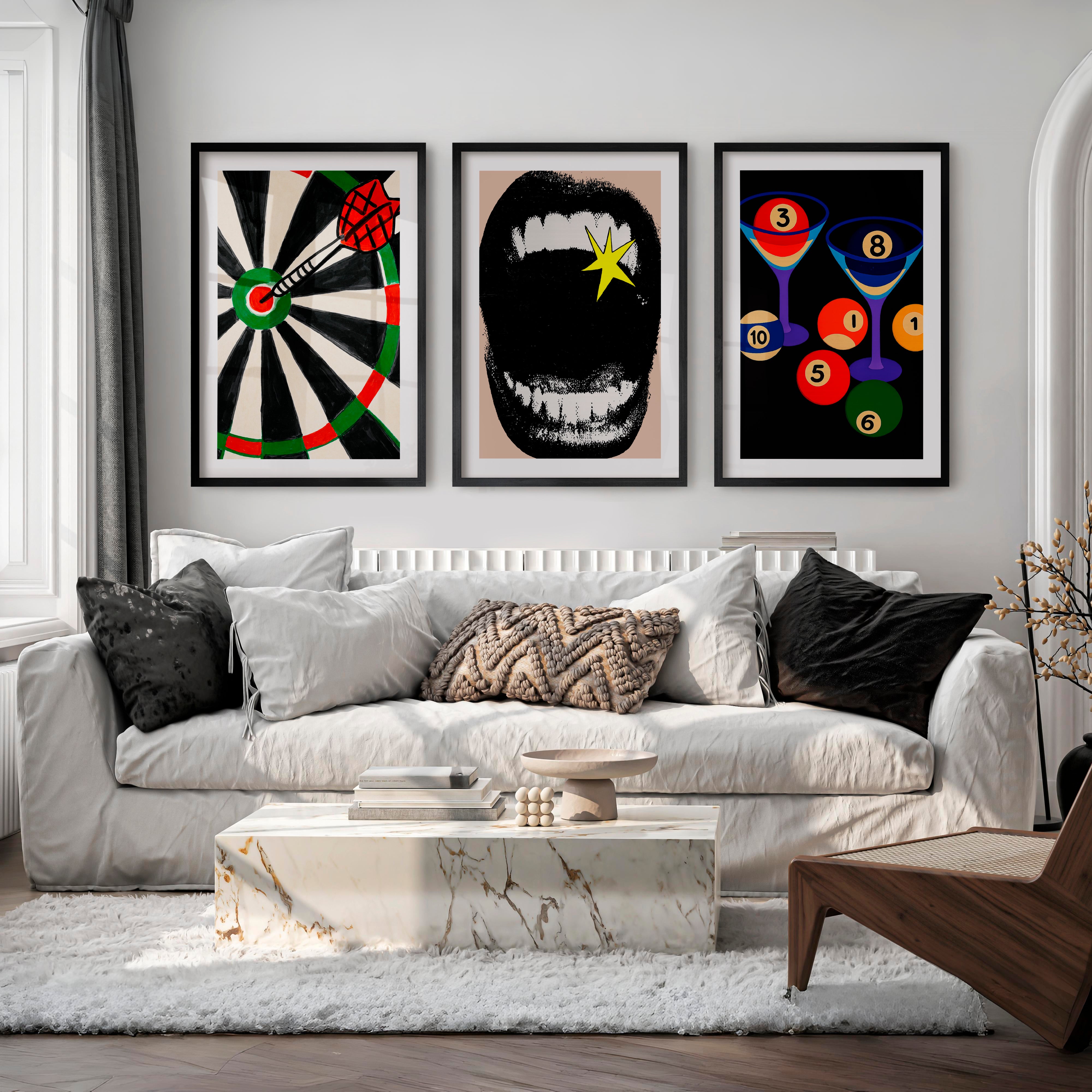 Dartboard and Pool Balls retro style prints - Black Framed Poster with White Border - Artworksets