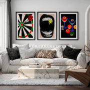 Dartboard and Pool Balls retro style prints - Black Framed Poster with White Border - Artworksets