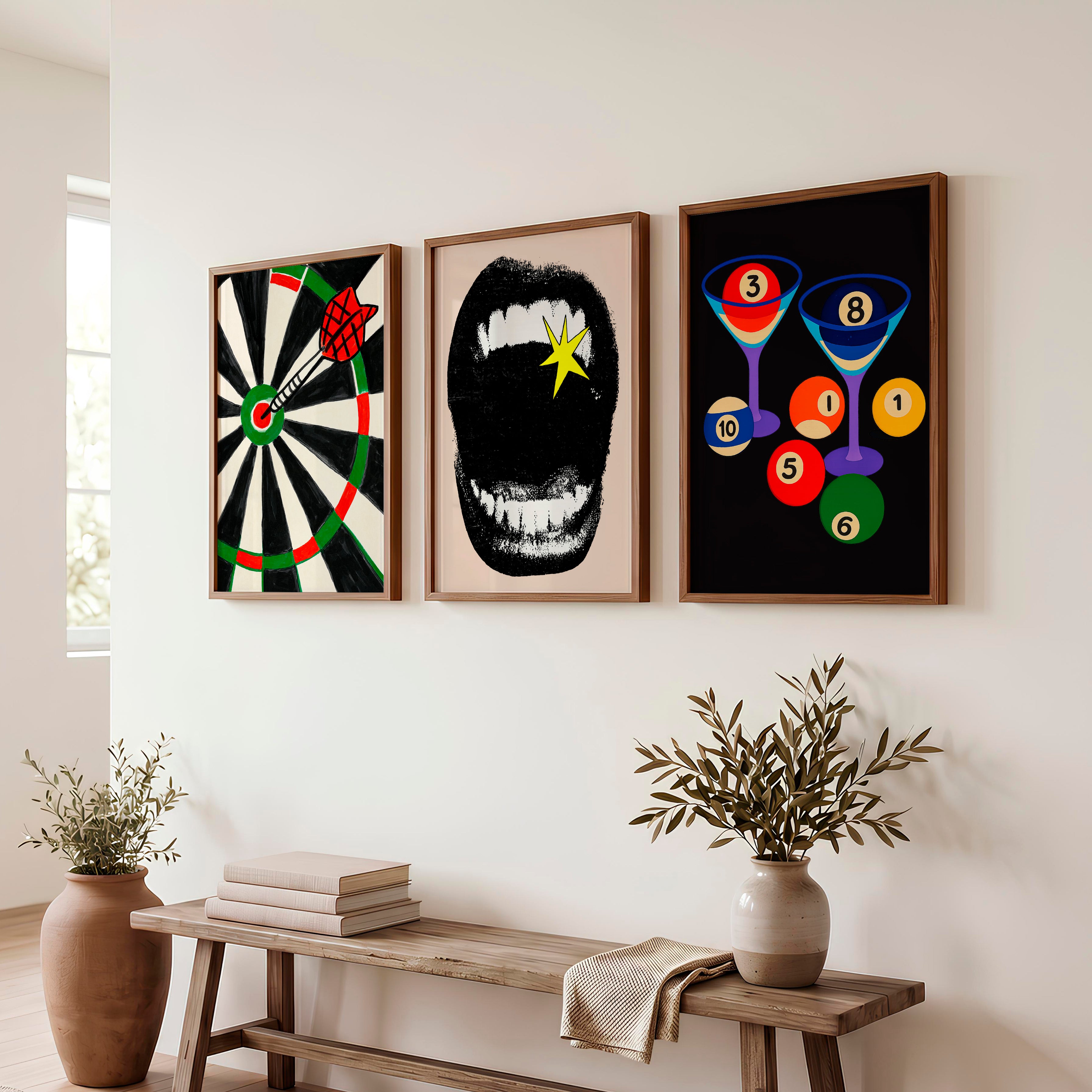 Dartboard and Pool Balls retro style prints - Dark Brown Framed Poster No Border - Artworksets