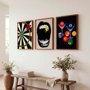 Dartboard and Pool Balls retro style prints - Dark Brown Framed Poster No Border - Artworksets