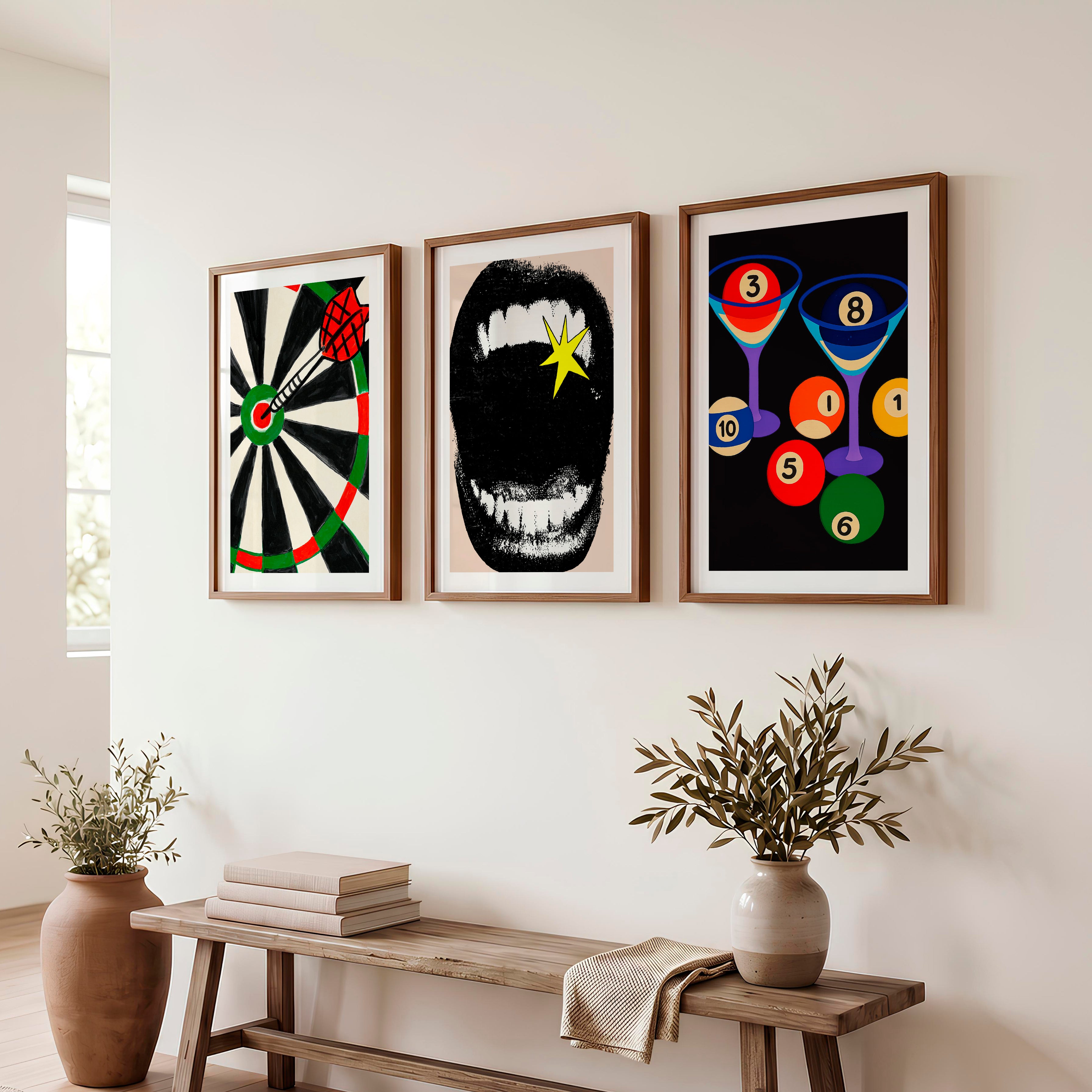 Dartboard and Pool Balls retro style prints - Dark Brown Framed Poster with White Border - Artworksets