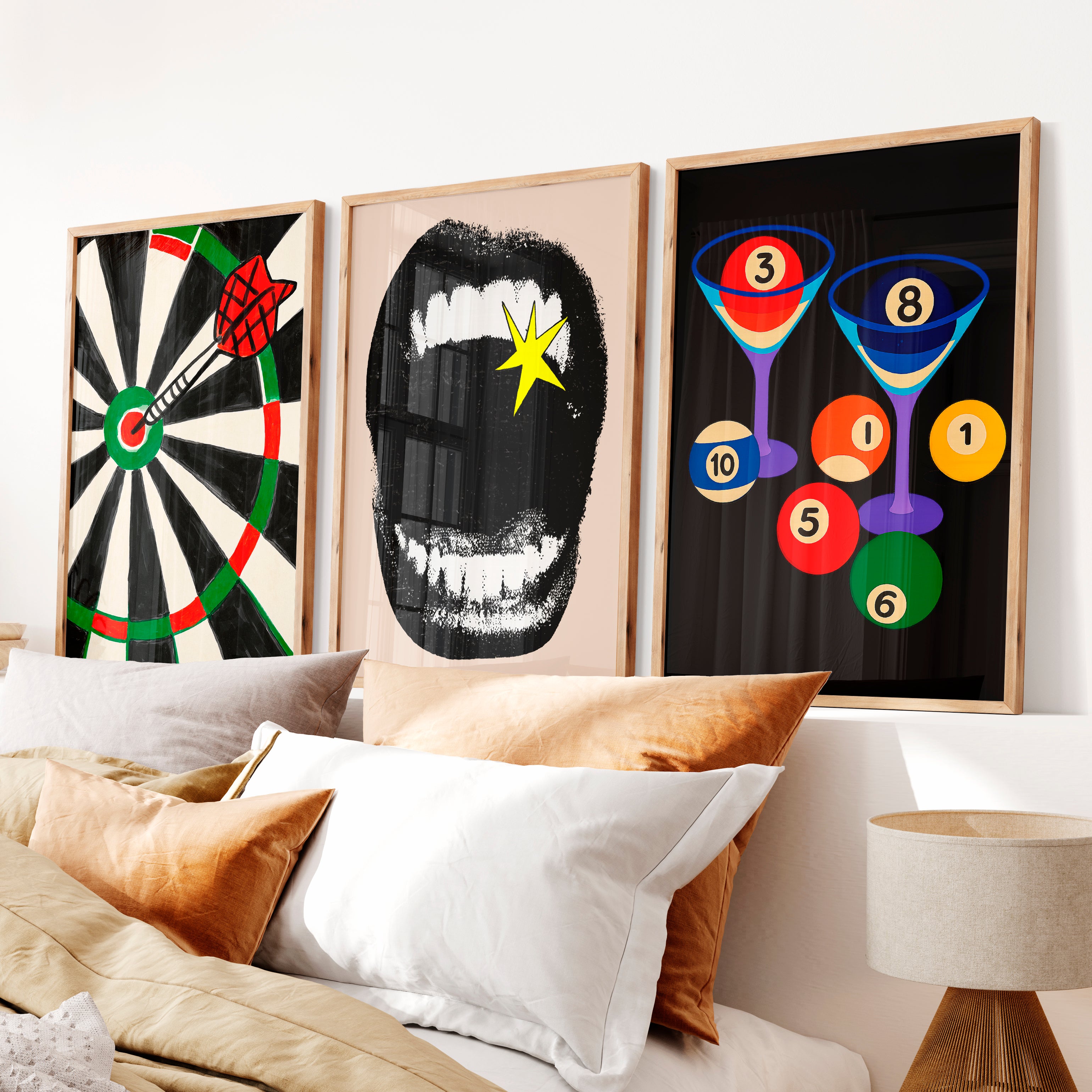 Dartboard and Pool Balls retro style prints - Natural Wood Framed Poster No Border - Artworksets