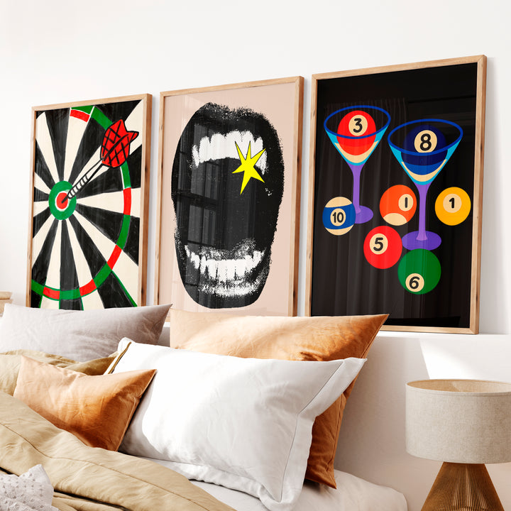 Dartboard and Pool Balls retro style prints - Natural Wood Framed Poster No Border - Artworksets