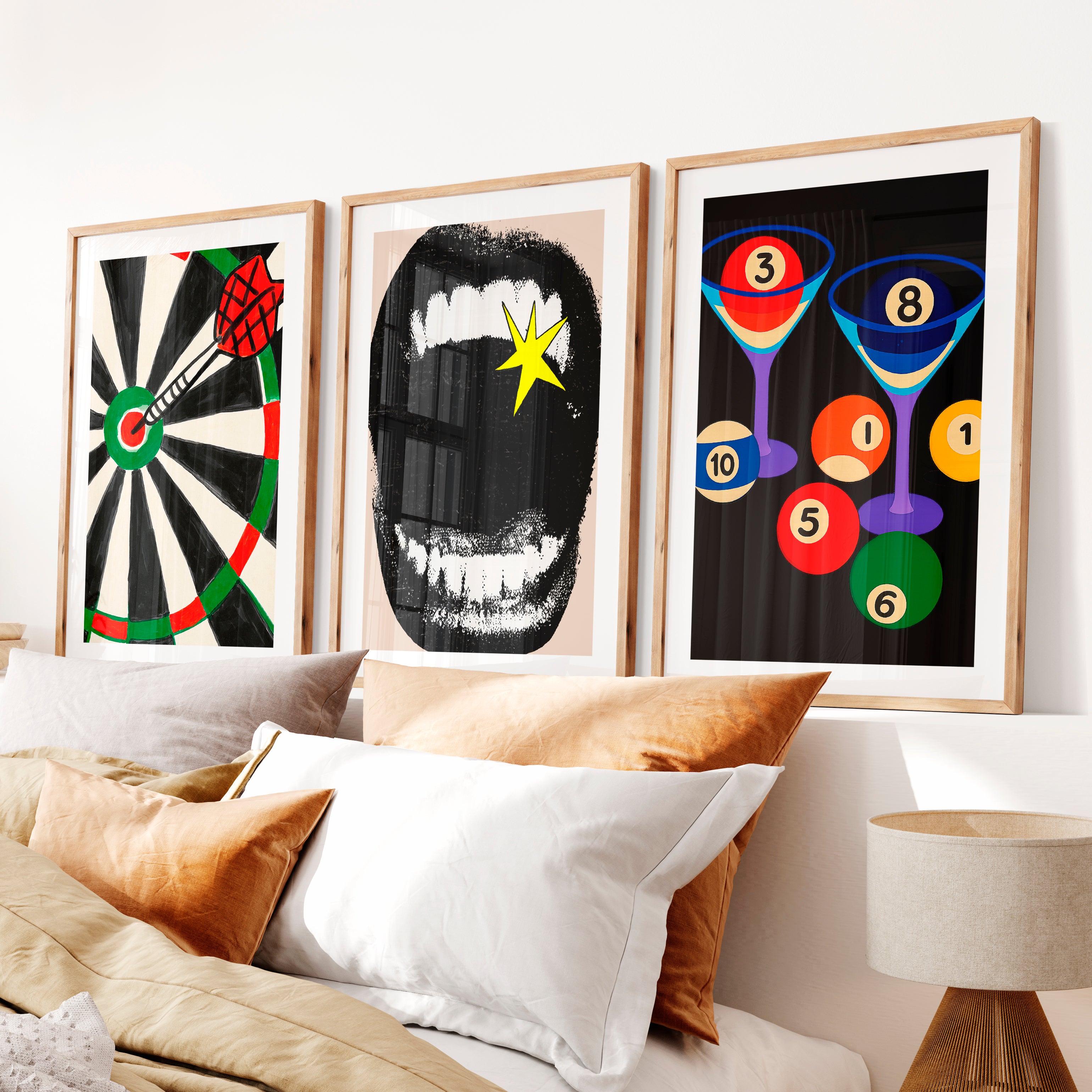 Dartboard and Pool Balls retro style prints- Natural Wood Framed Poster with White Border - Artworksets