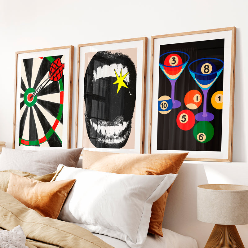 Dartboard and Pool Balls retro style prints- Natural Wood Framed Poster with White Border - Artworksets
