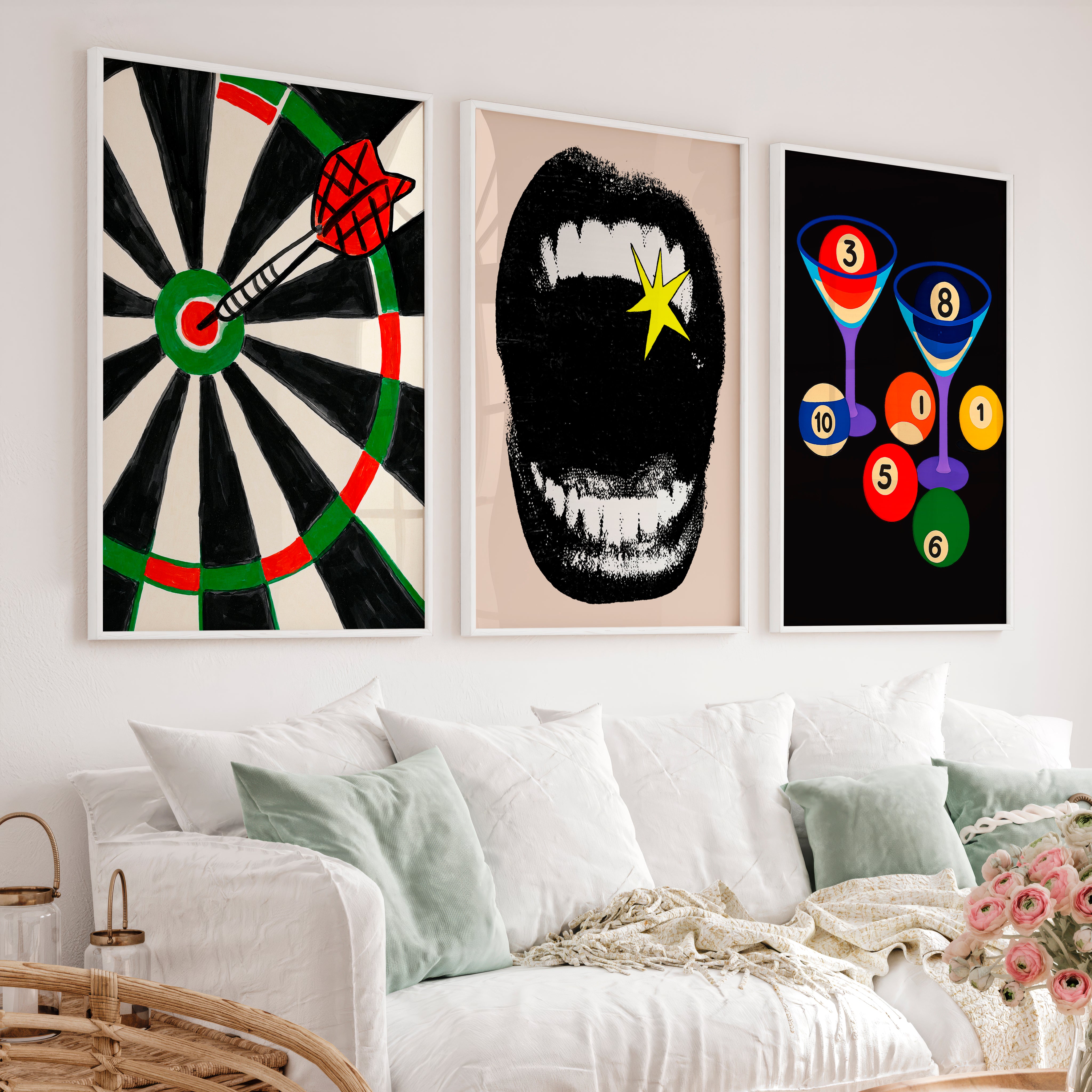 Dartboard and Pool Balls retro style prints - White Framed Poster No Border - Artworksets