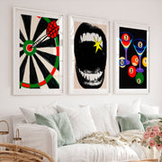 Dartboard and Pool Balls retro style prints - White Framed Poster with White Border - Artworksets