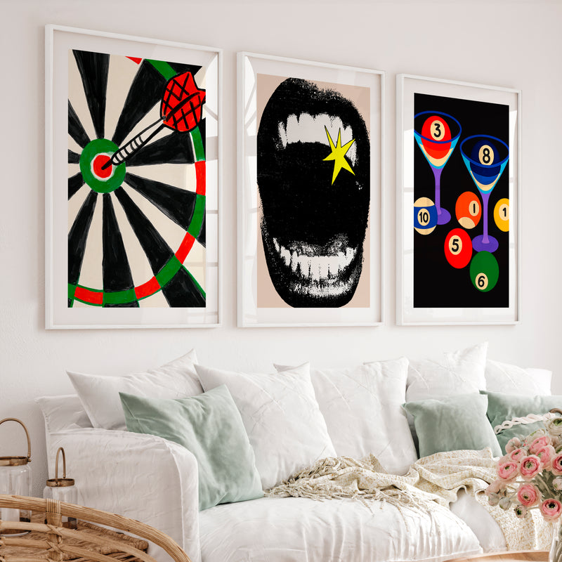 Dartboard and Pool Balls retro style prints - White Framed Poster with White Border - Artworksets