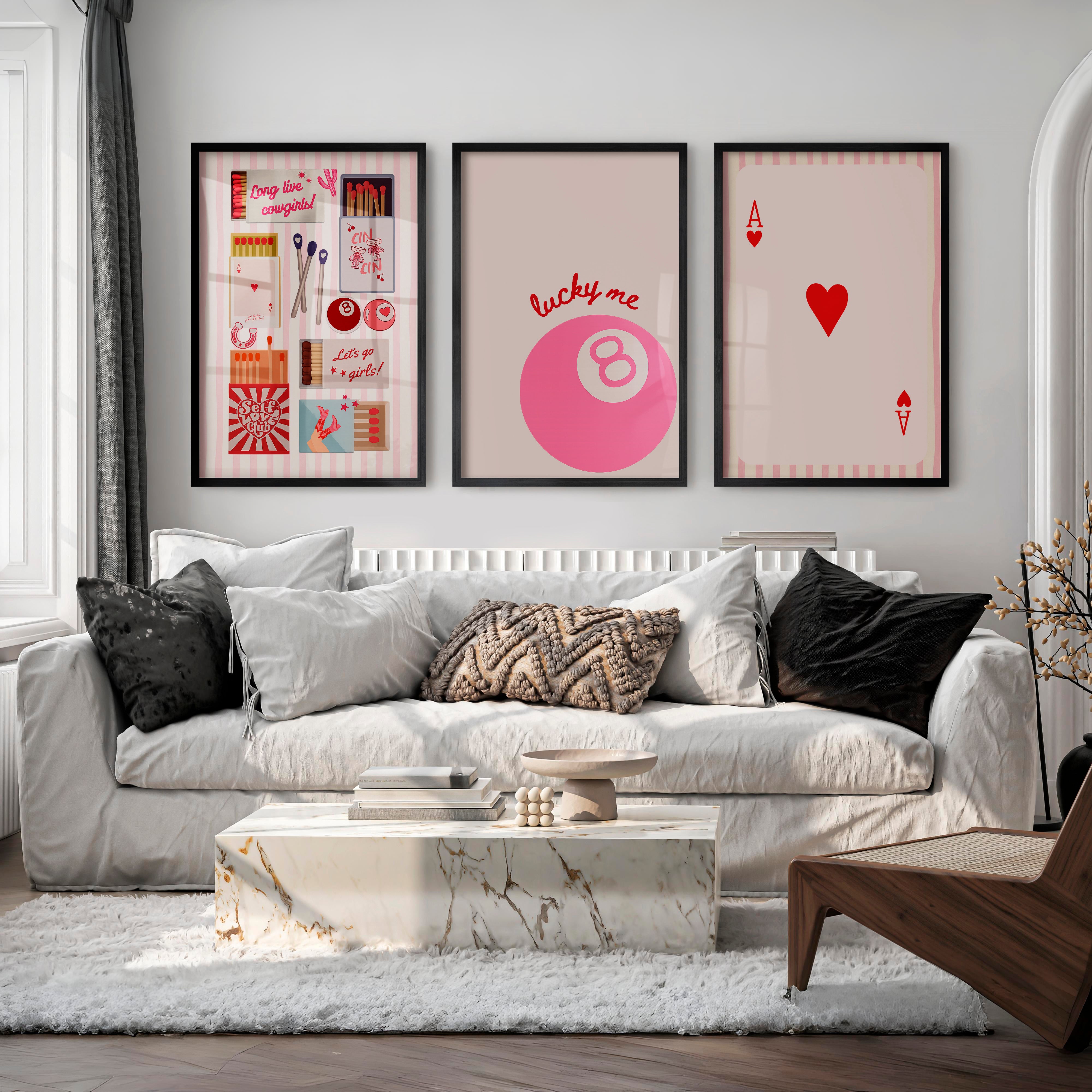 Lucky Me Pink 8 Ball retro style prints - Black Framed Poster No Border - Artworksets