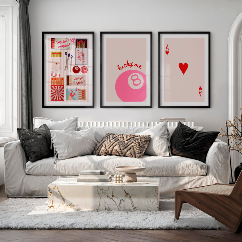 Lucky Me Pink 8 Ball retro style prints - Black Framed Poster with White Border - Artworksets