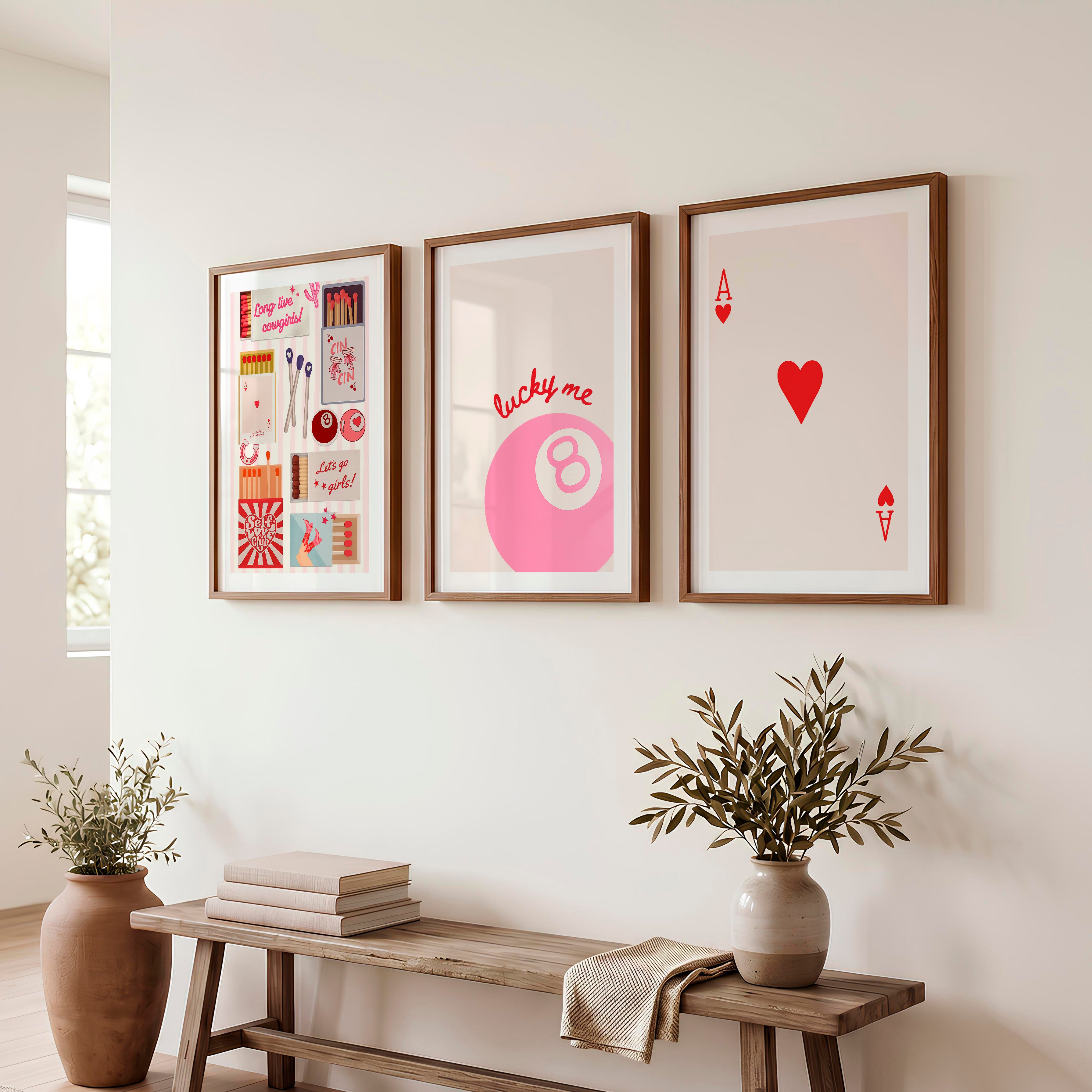 Lucky Me Pink 8 Ball retro style prints - Dark Brown Framed Poster with White Border - Artworksets