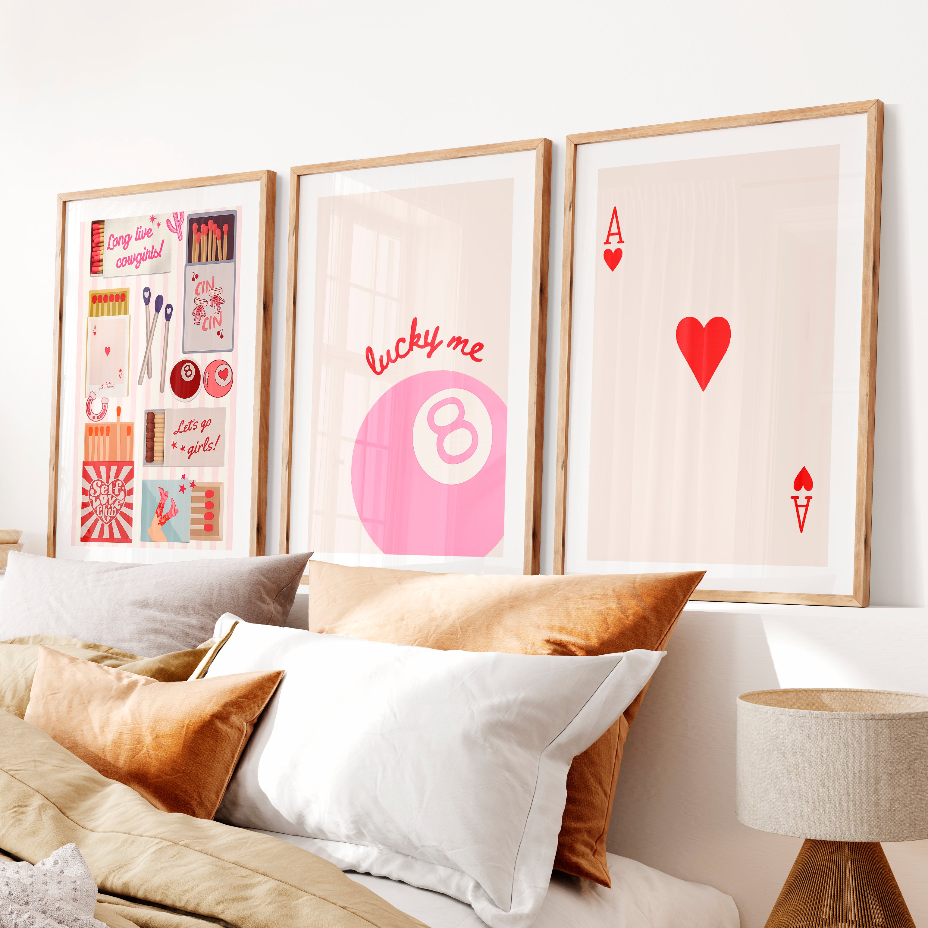Lucky Me Pink 8 Ball retro style prints- Natural Wood Framed Poster with White Border - Artworksets