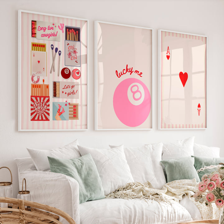 Lucky Me Pink 8 Ball retro style prints - White Framed Poster No Border - Artworksets