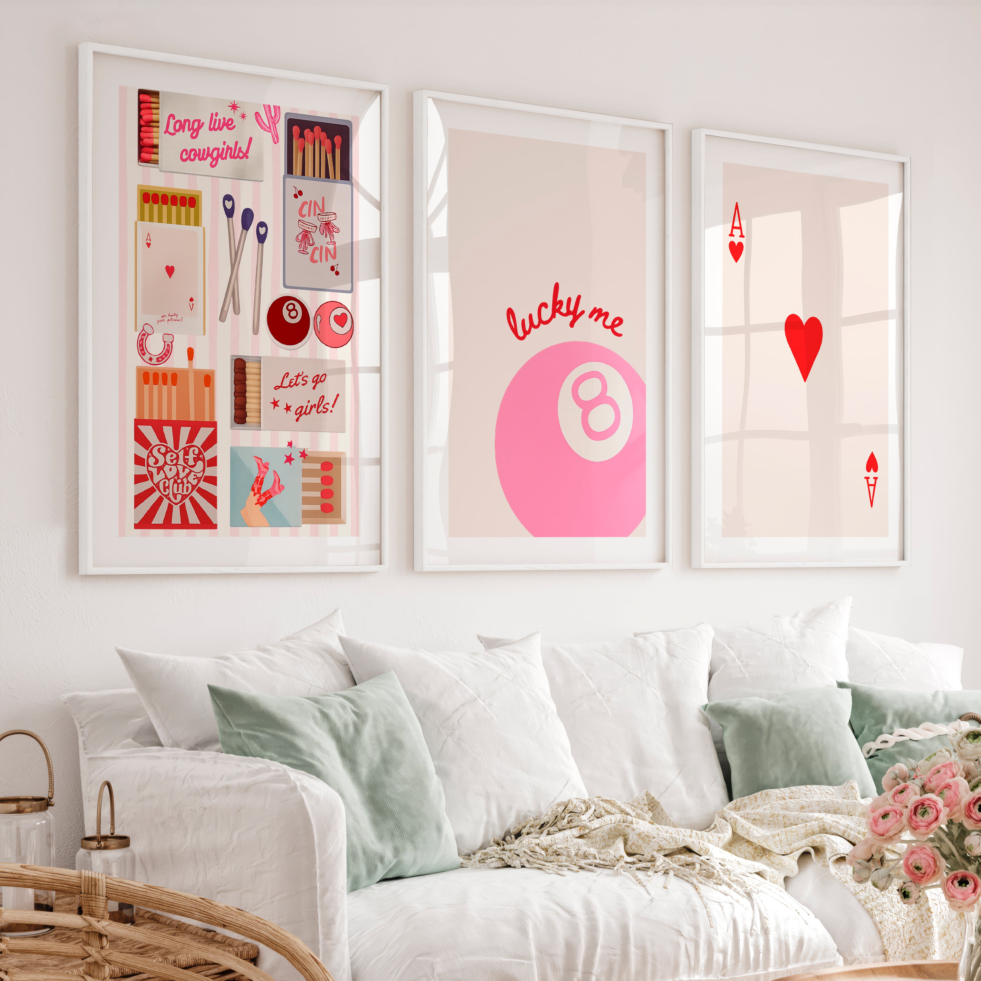 Lucky Me Pink 8 Ball retro style prints - White Framed Poster with White Border - Artworksets