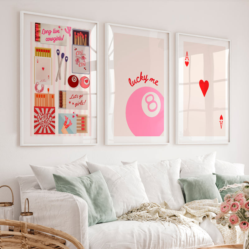 Lucky Me Pink 8 Ball retro style prints - White Framed Poster with White Border - Artworksets