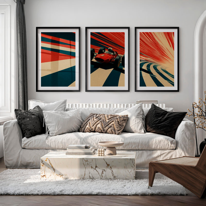 Red Race Car Retro Style Prints - Black Framed Poster with White Border - Artworksets