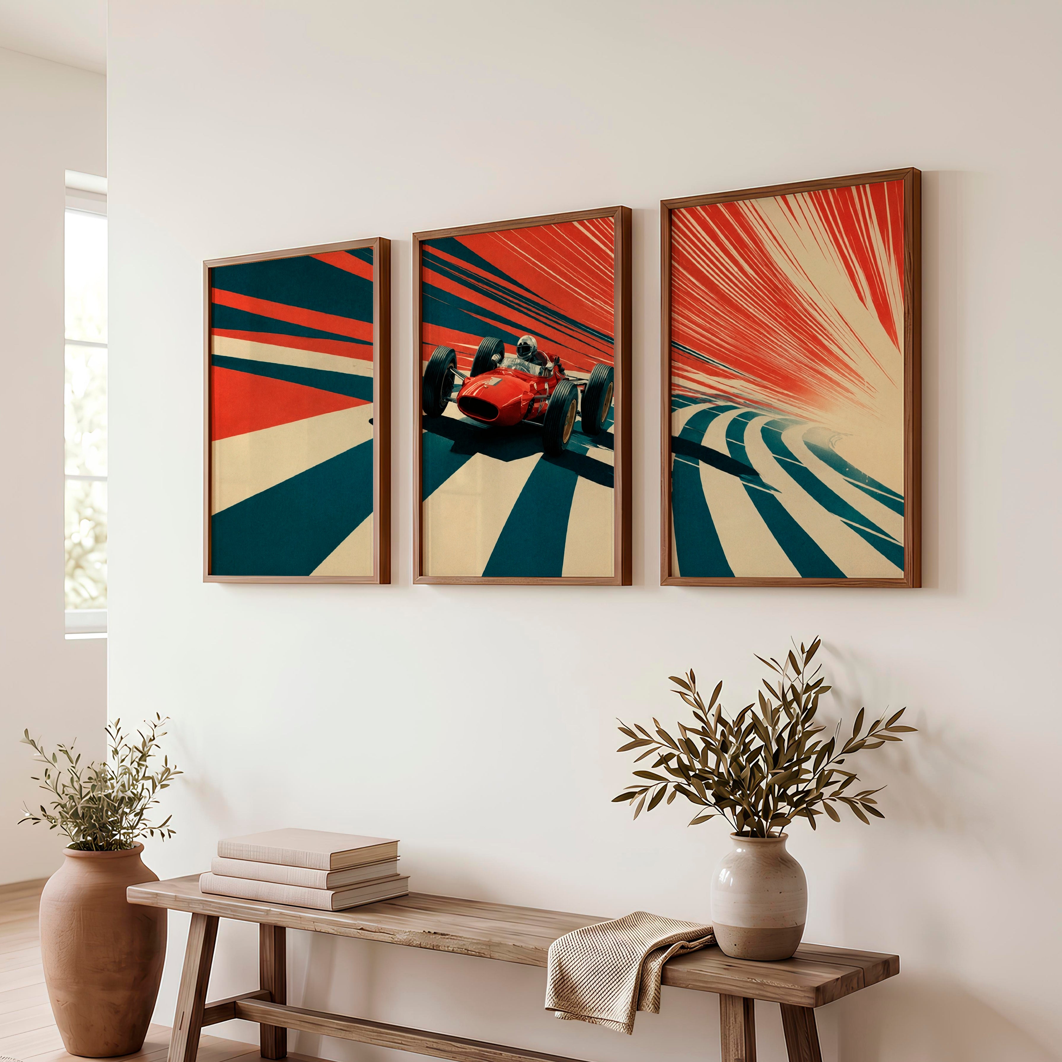Red Race Car Retro Style Prints - Dark Brown Framed Poster No Border - Artworksets