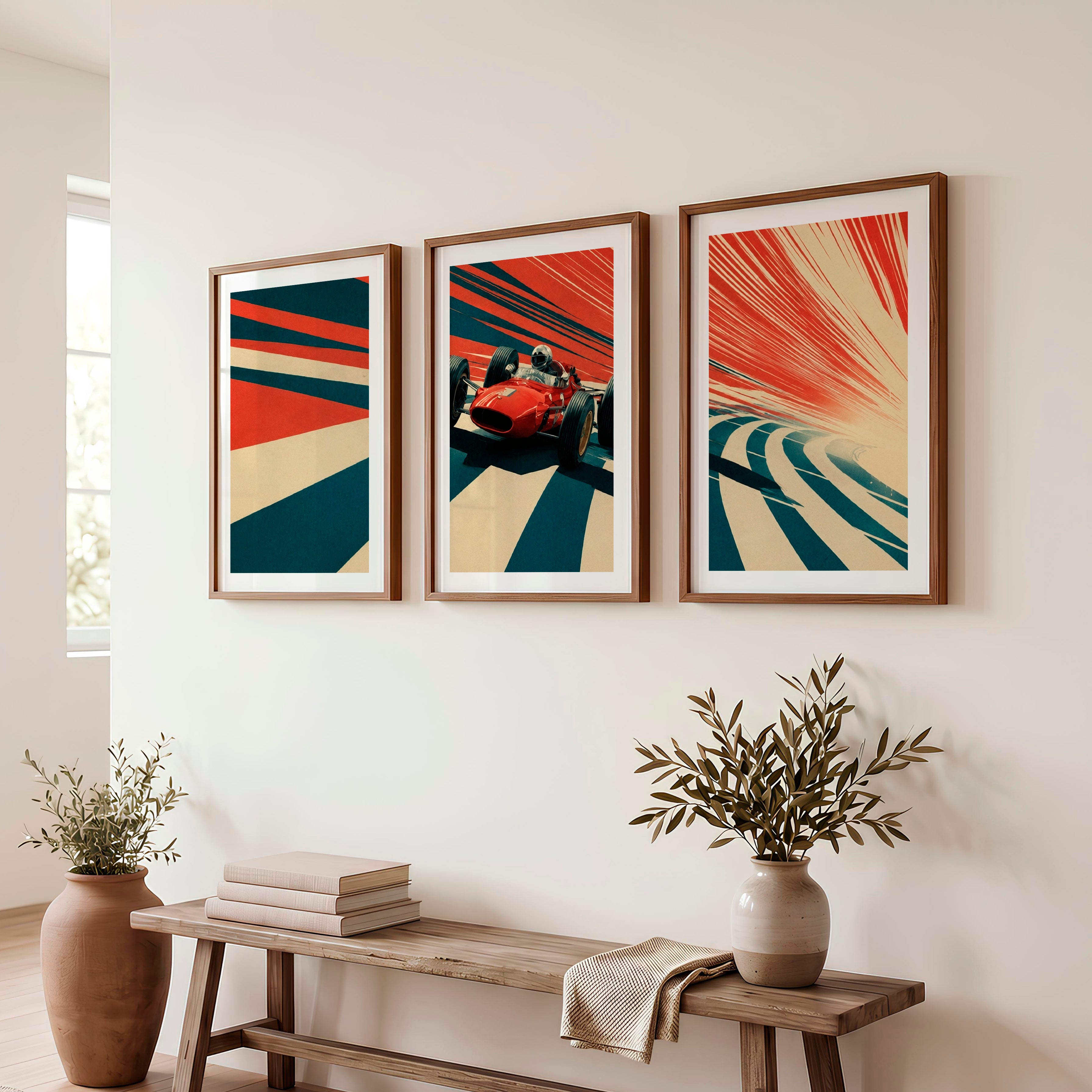 Red Race Car Retro Style Prints - Dark Brown Framed Poster with White Border - Artworksets