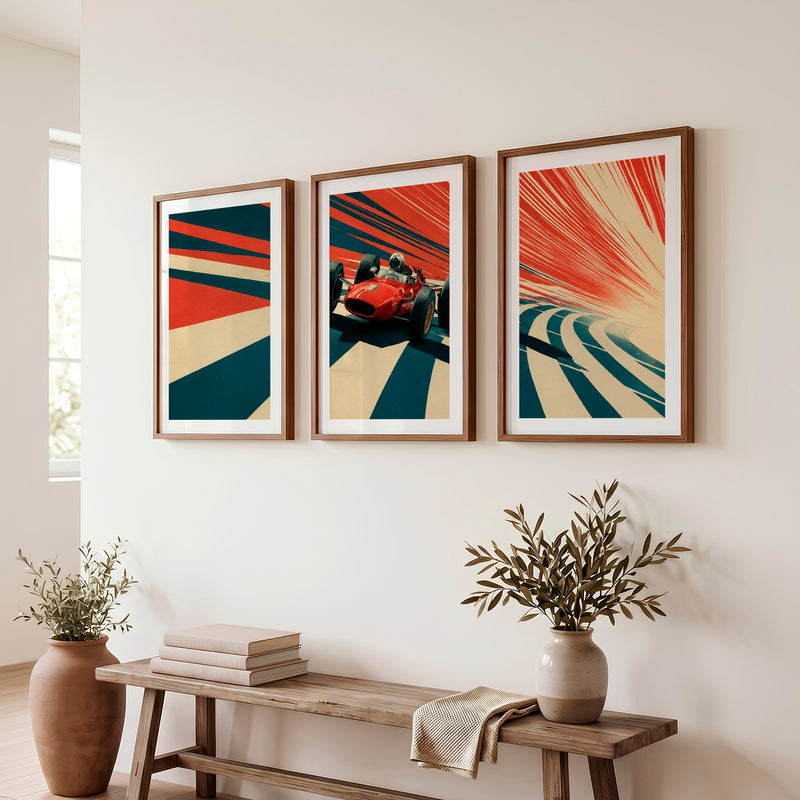 Red Race Car Retro Style Prints - Dark Brown Framed Poster with White Border - Artworksets