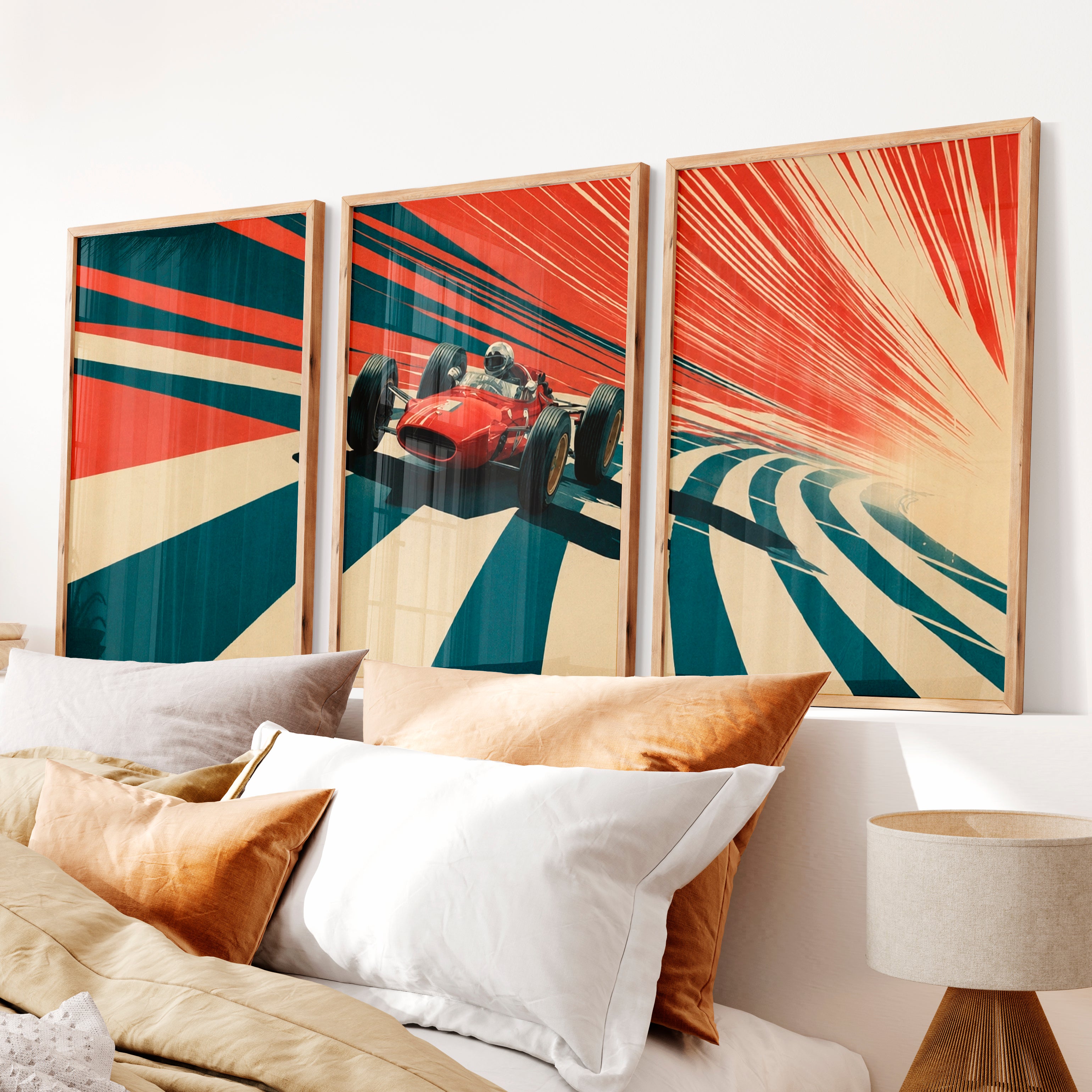 Red Race Car Retro Style Prints - Natural Wood Framed Poster No Border - Artworksets