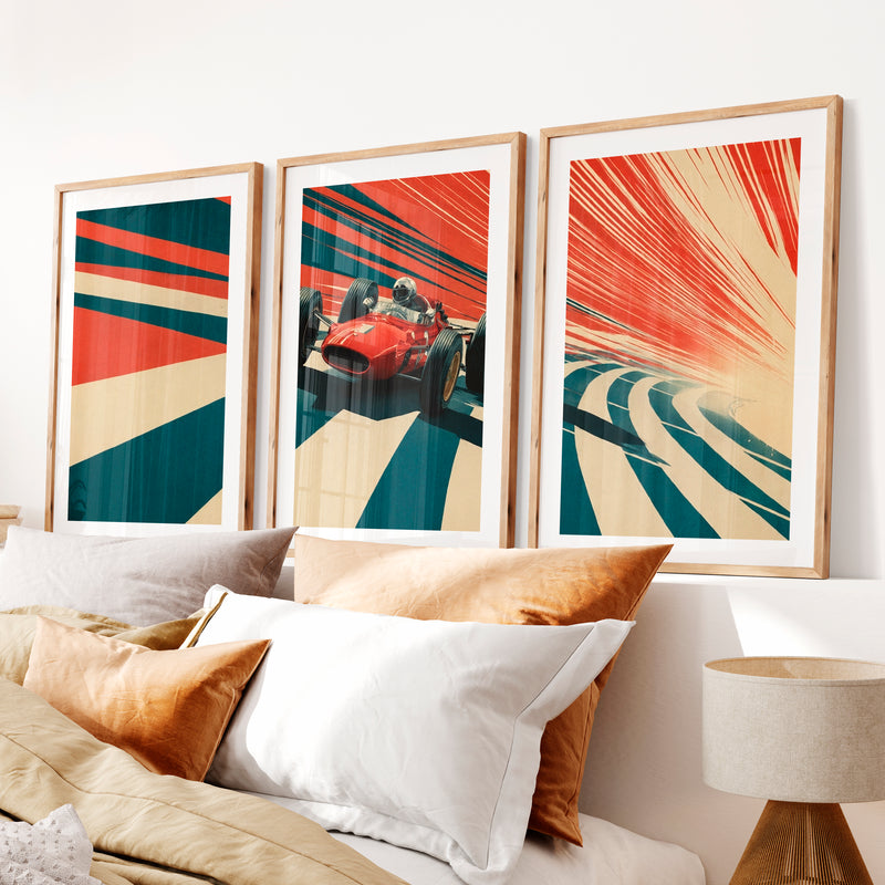 Red Race Car Retro Style Prints- Natural Wood Framed Poster with White Border - Artworksets
