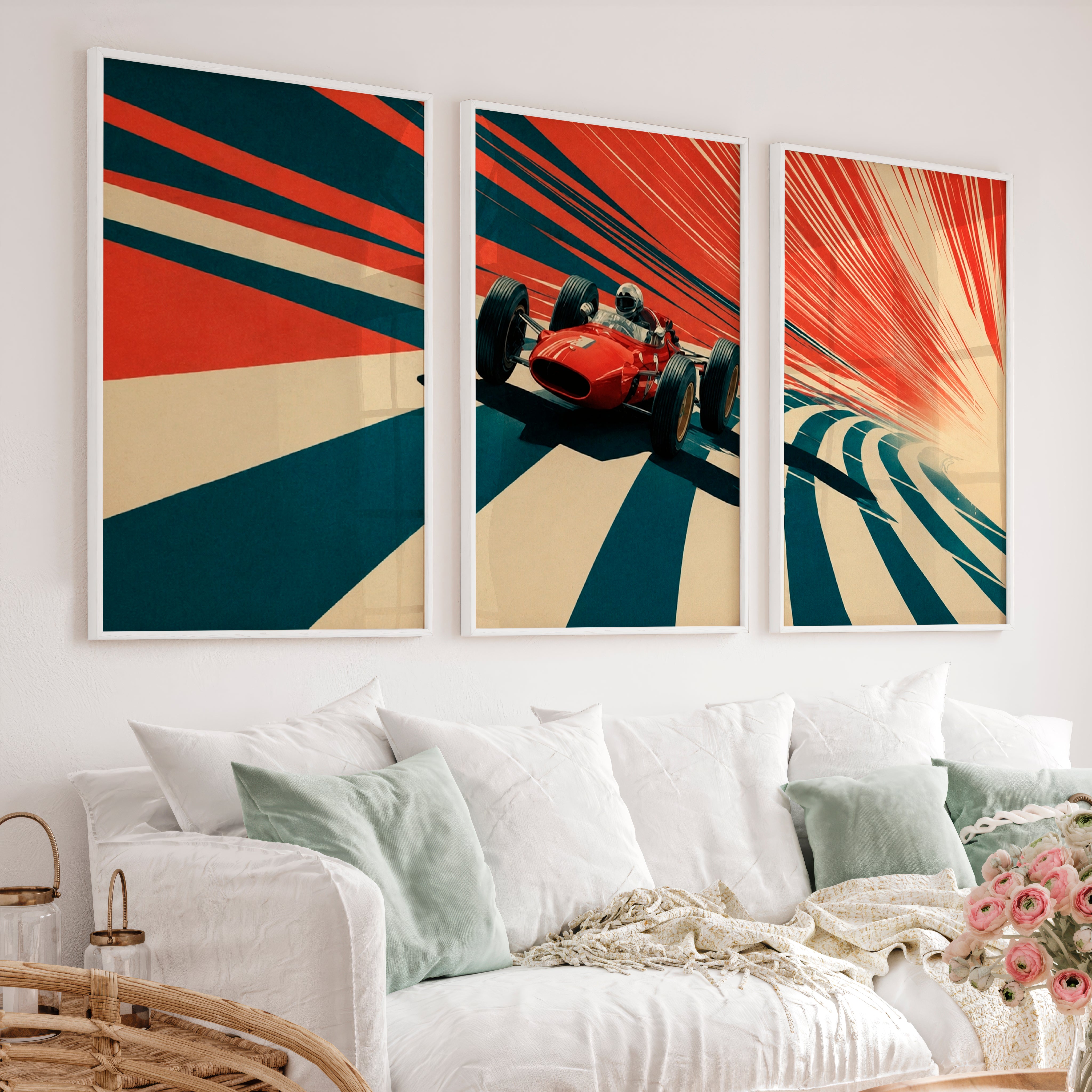 Red Race Car Retro Style Prints - White Framed Poster No Border - Artworksets