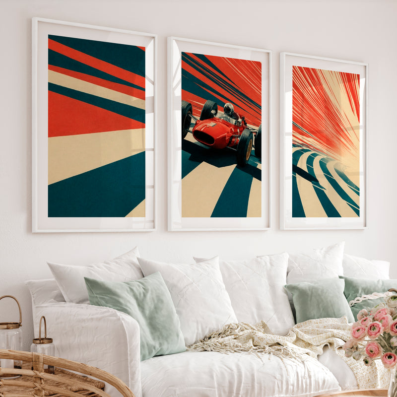 Red Race Car Retro Style Prints - White Framed Poster with White Border - Artworksets